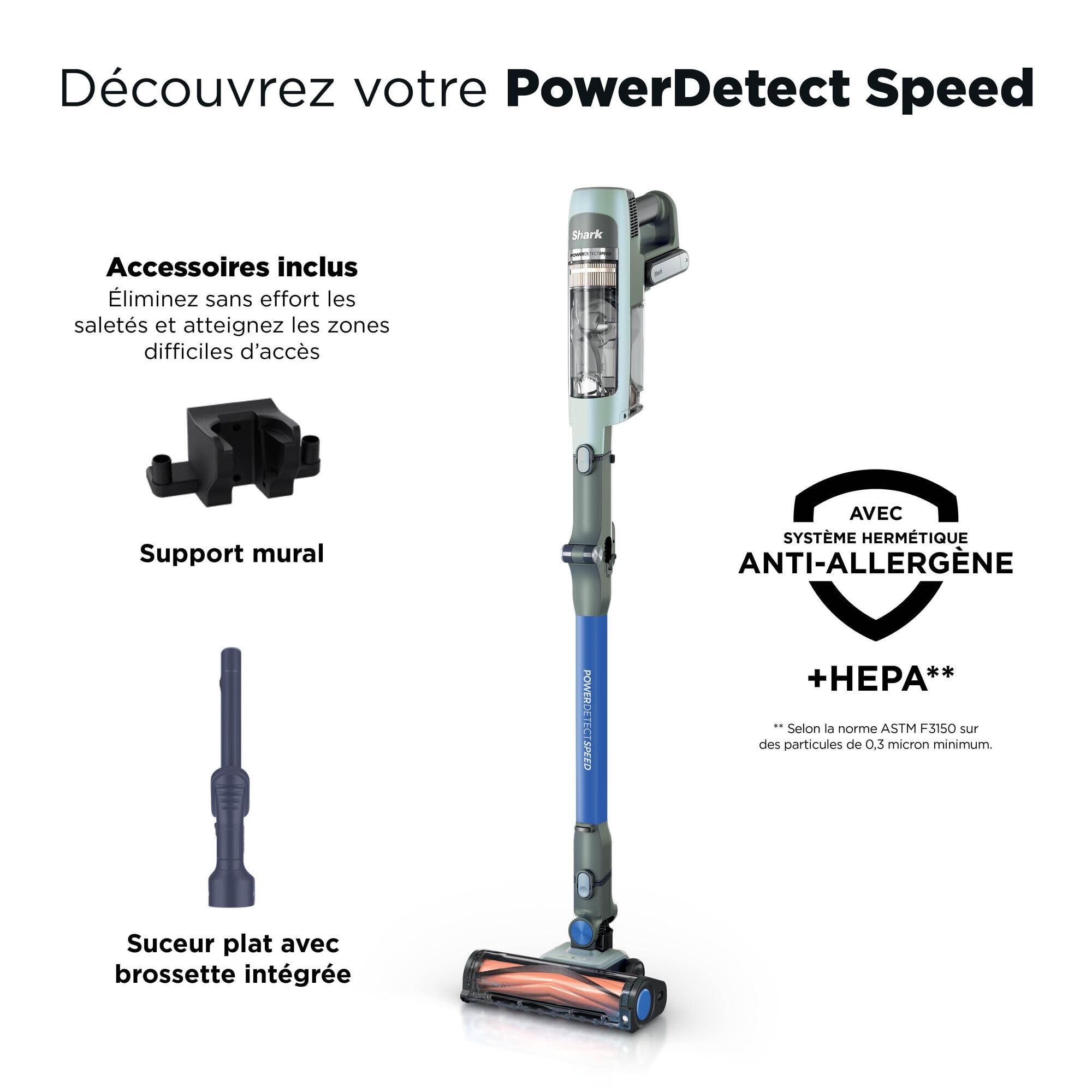 Shark PowerDetect Speed, Aspirateur Balai sans Fil, 60min IA1243FR | Nettoyage en arrière, Filtration anti-allergène HEPA, Jusqu’à 60 min d’autonomie, support mural et suceur plat, Sauge givrée