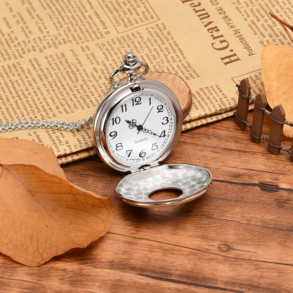 Orologi da Tasca, Orologio da Tasca Moderno, con Catena, Numeri Romani Orologio da Tasca Elegante for Il Giorno del Compleanno, Anniversario, Natale, Festa del papà(Silver)