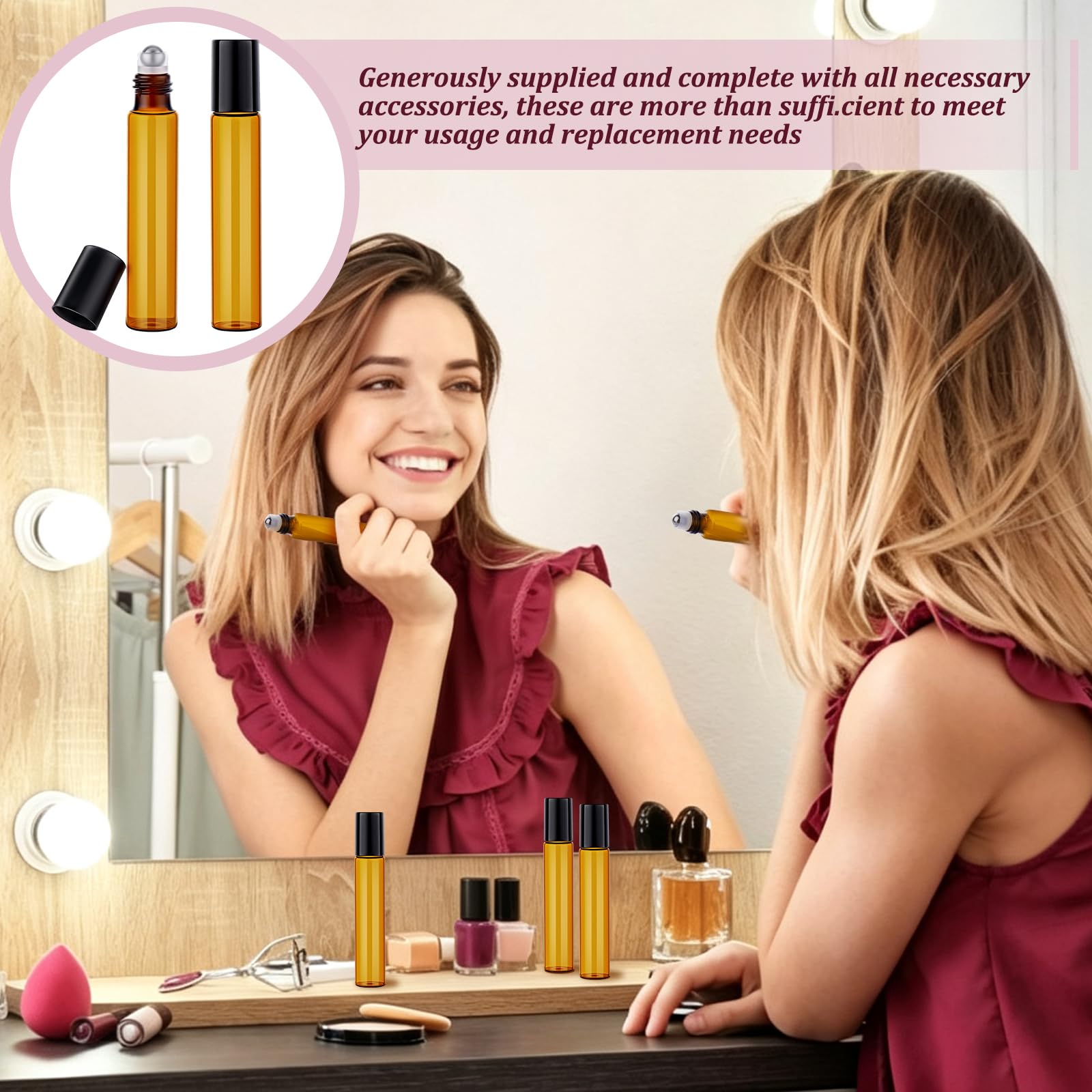 120 bottiglie a rullo per oli essenziali, 10 ml, vuote, in vetro, con sfera in acciaio inox, 12 pipette, 12 erogatori e 12 tramoggia, flaconi a rullo color ambra, per profumi, aromaterapia