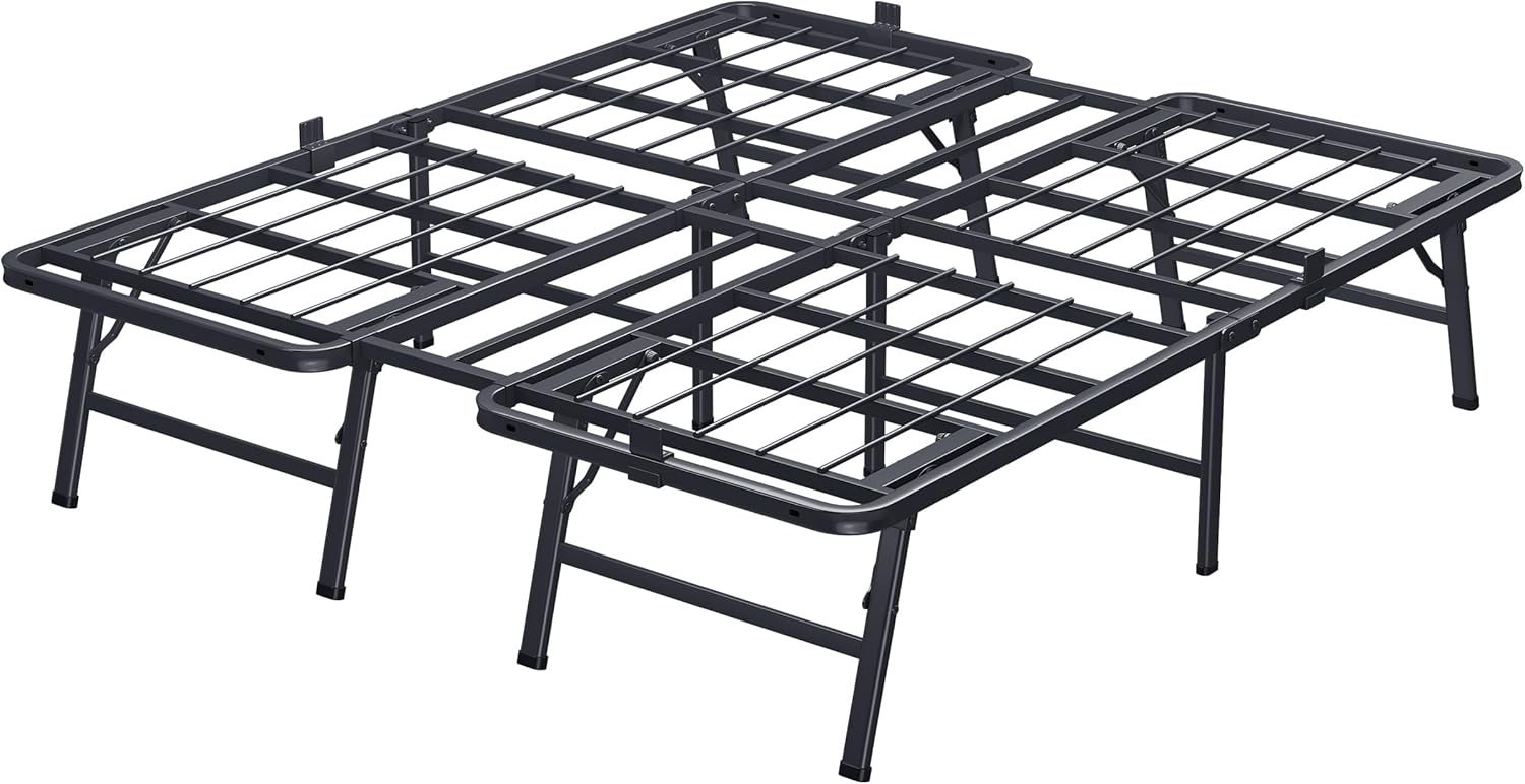 18 Inch Queen Metal Bed Frame Folding Bed Frame Tool-Free Assembly Mattress Foundation No Box Spring Needed Platform 2500lbs Heavy Duty Steel Slats, Noise-Free, Easy Assembly, Black