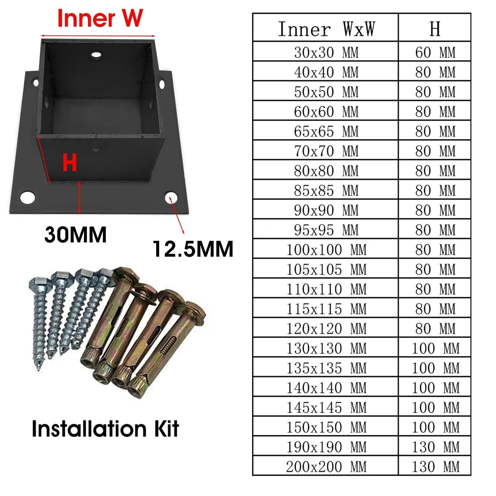 Soporte para poste Placa Base De Poste De Acero Inoxidable Negro Para Poste De Madera, Anclajes De Soporte De Postes Metálicos Elevados Para Hormigón, Pérgolas Y Buzones(50x50 mm)