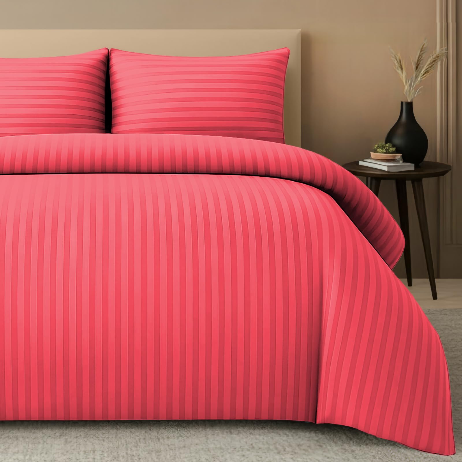 Pamposh Red Satin Stripe Double Duvet Set - Premium Hotel Quality Quilt Cover Bedding Sets - Hypoallergenic Ultra Soft Microfiber Bed Linen