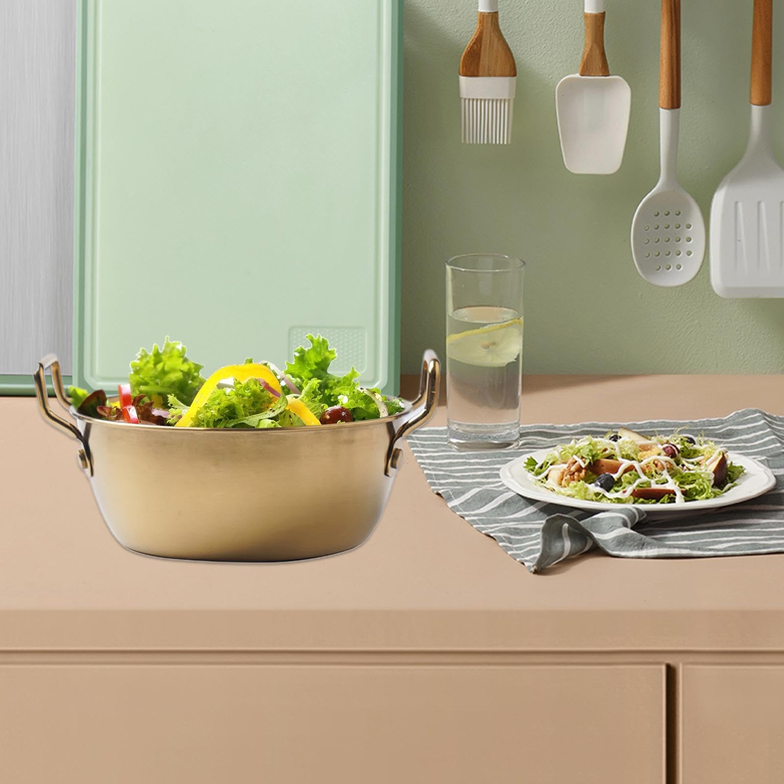 Edelstahlschale Mit Doppelgriff – Goldene Nudelschale, 12-14 Cm, Leicht, Spülmaschinenfest – Für Salat, Suppe, Snacks, Party, Alltag – Goldfarben, Elegant