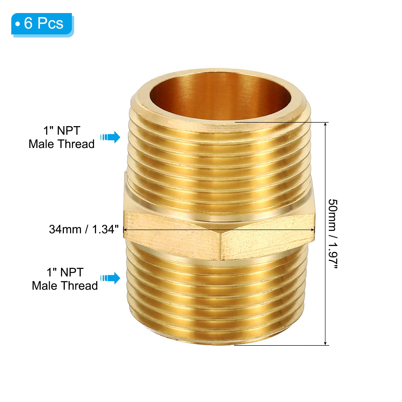PATIKIL Raccordi A Tubo In Ottone Adattatore Riduttore, 6Pezzi 1" x 1" NPT Filettatura Maschio Raccordi Esagonali In Ottone Adattatore Tubo Connettore Per Acqua, Aria, Olio, Sistemi.