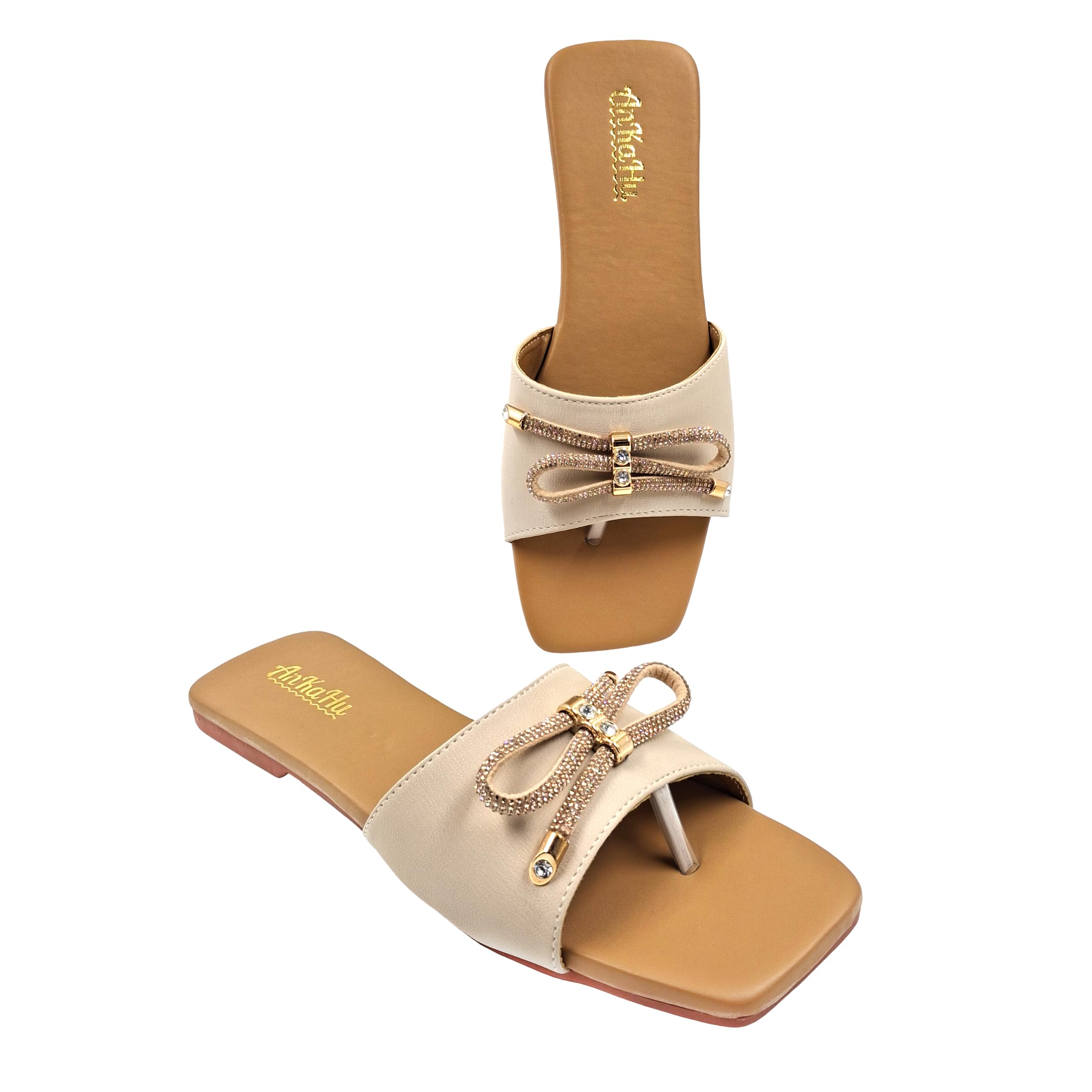 flats for women stylish beige cream daily use flip flops girls slippers open square toe footwear sandals | Slides for women stylish bow accent on the toe-image-5