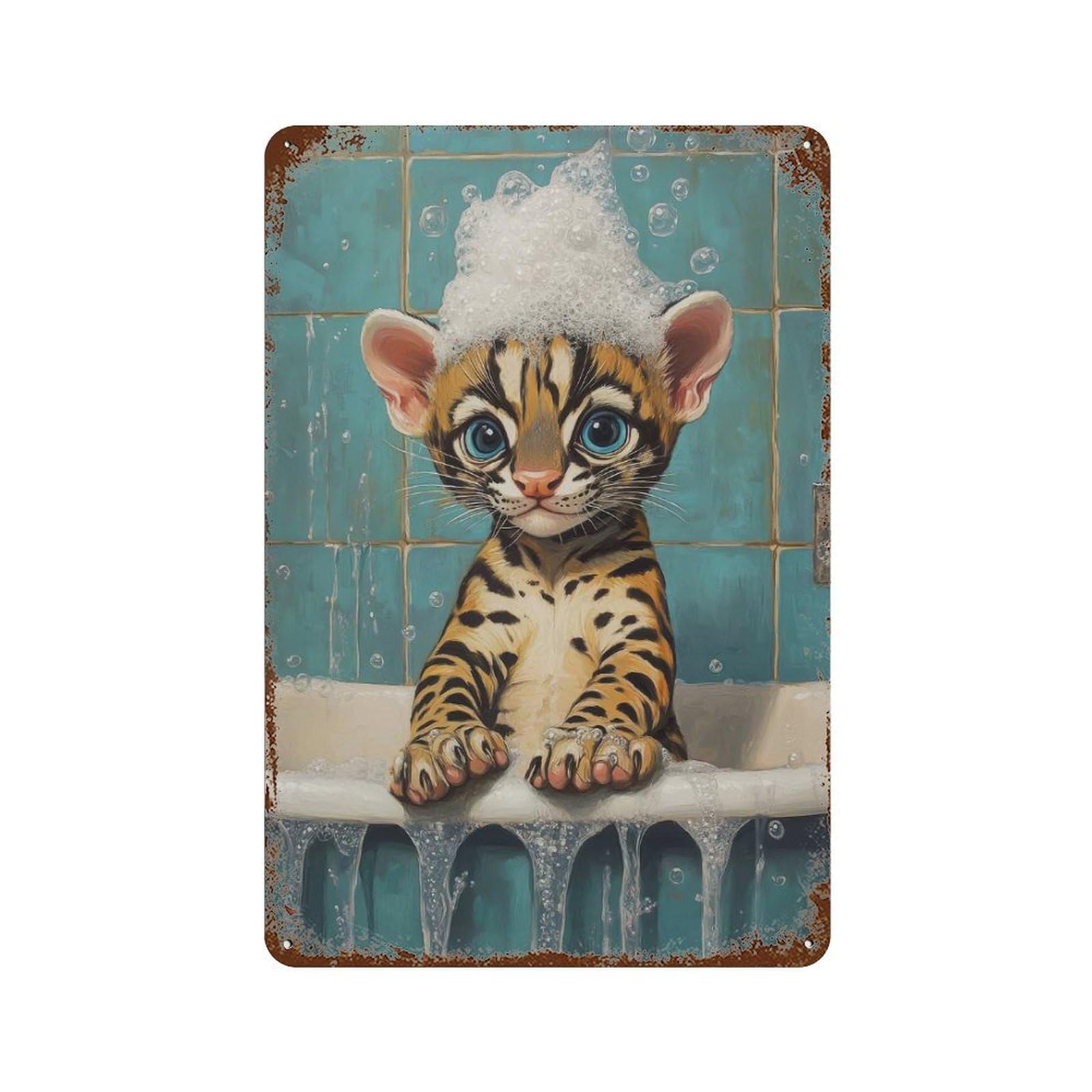 Bengal Kitten Bath Time Aged Metal Wall Plaque 11.8"x7.9", for Shed, Workshop And Garage Wall Decor, Old School Wall Decor