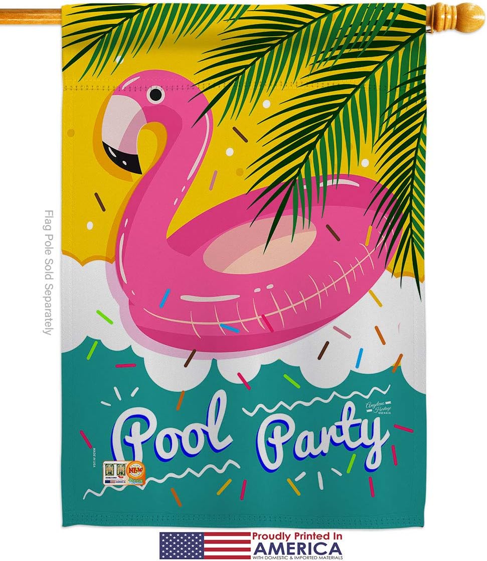 Summer Pool Party House Flag Dowel Set Summertime Fun and Sun Beach Luau Tropical Season Outdoor Sunny Small Decorative Gift Yard Banner Made In USA 28 X 40