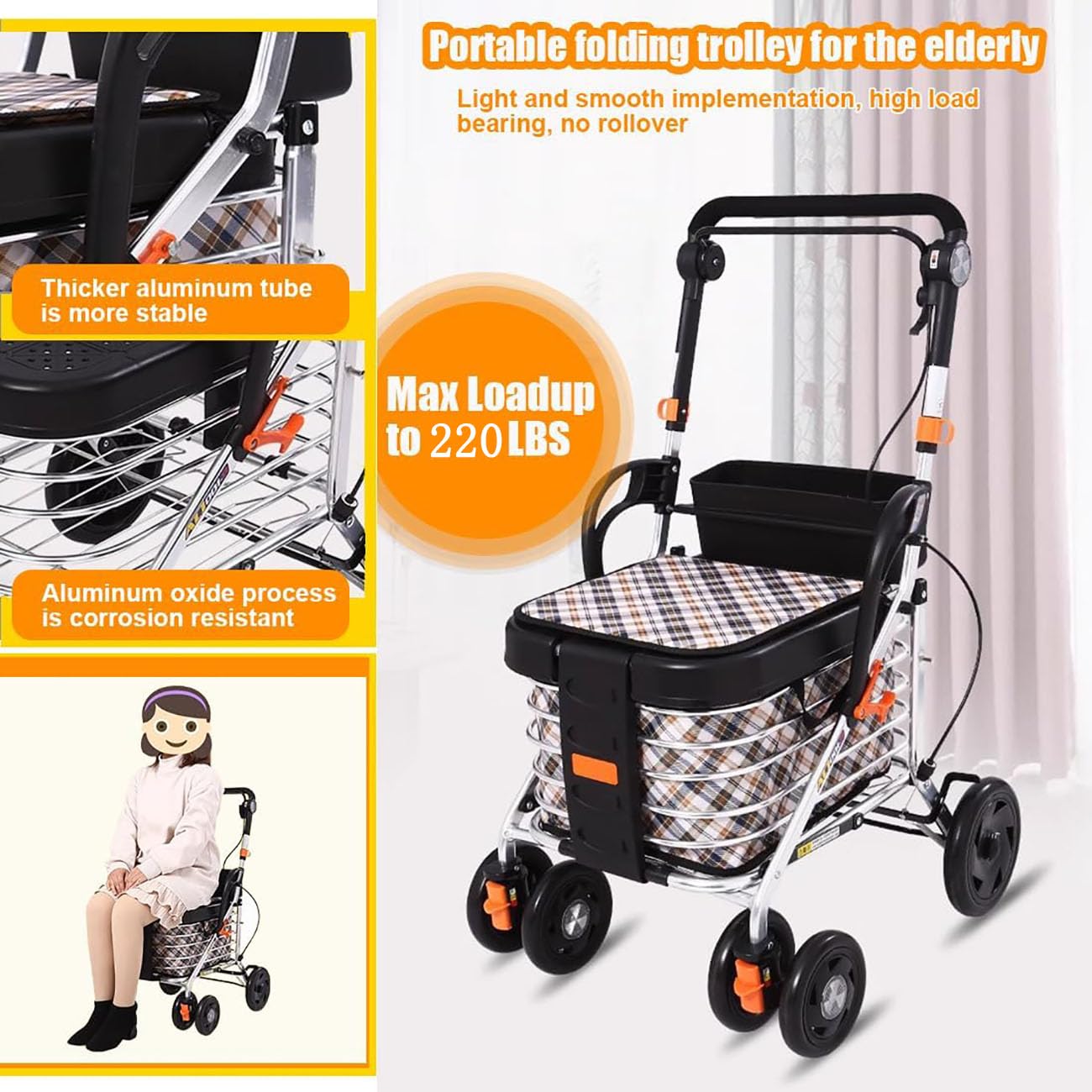 ICEMOB Carro De La Compra Y Andador con Asiento para Ancianos,Carrito Plegable para Supermercado De 4 Ruedas,Reposabrazos Ajustable En Tres Niveles,Caminadores Portátil,Aluminio