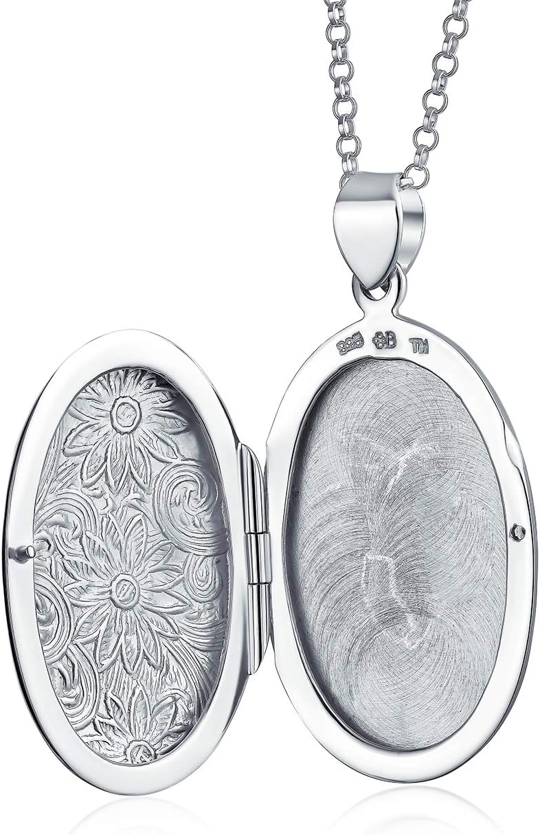 Bling Jewelry Customizable Vintage Style Oxidized .925 Sterling Silver Embossed Scroll Floral Sunflower Photo Lockets Necklace Pendant for Women Holds Pictures Round Oval Design