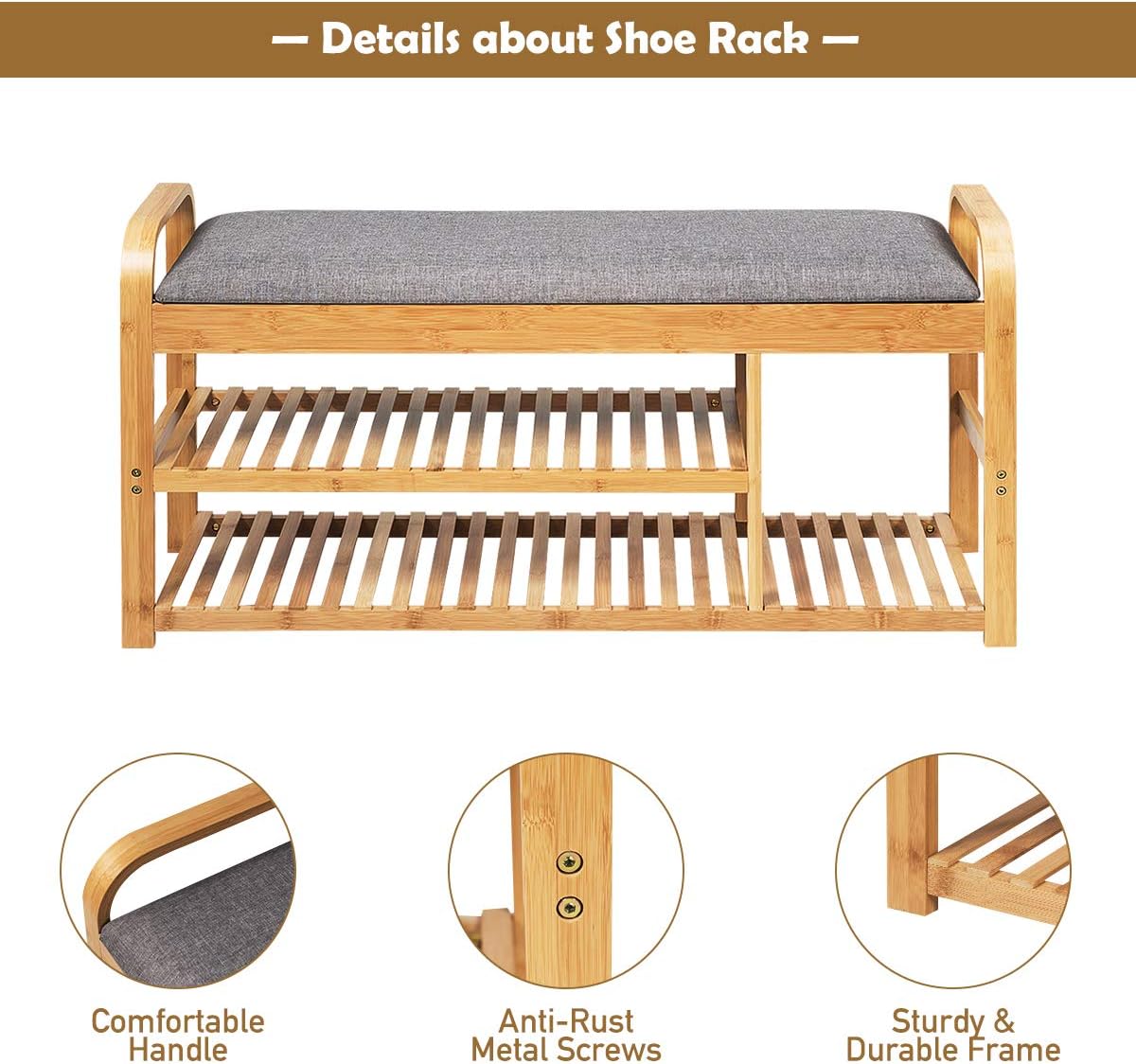 Giantex Bamboo Shoe Bench,3-Tier Entryway Bench with Cushion,Max Load 330 LBS, Modern Stool Storage Shelf for Bedroom Living Room Hallway (Natural and Grey)