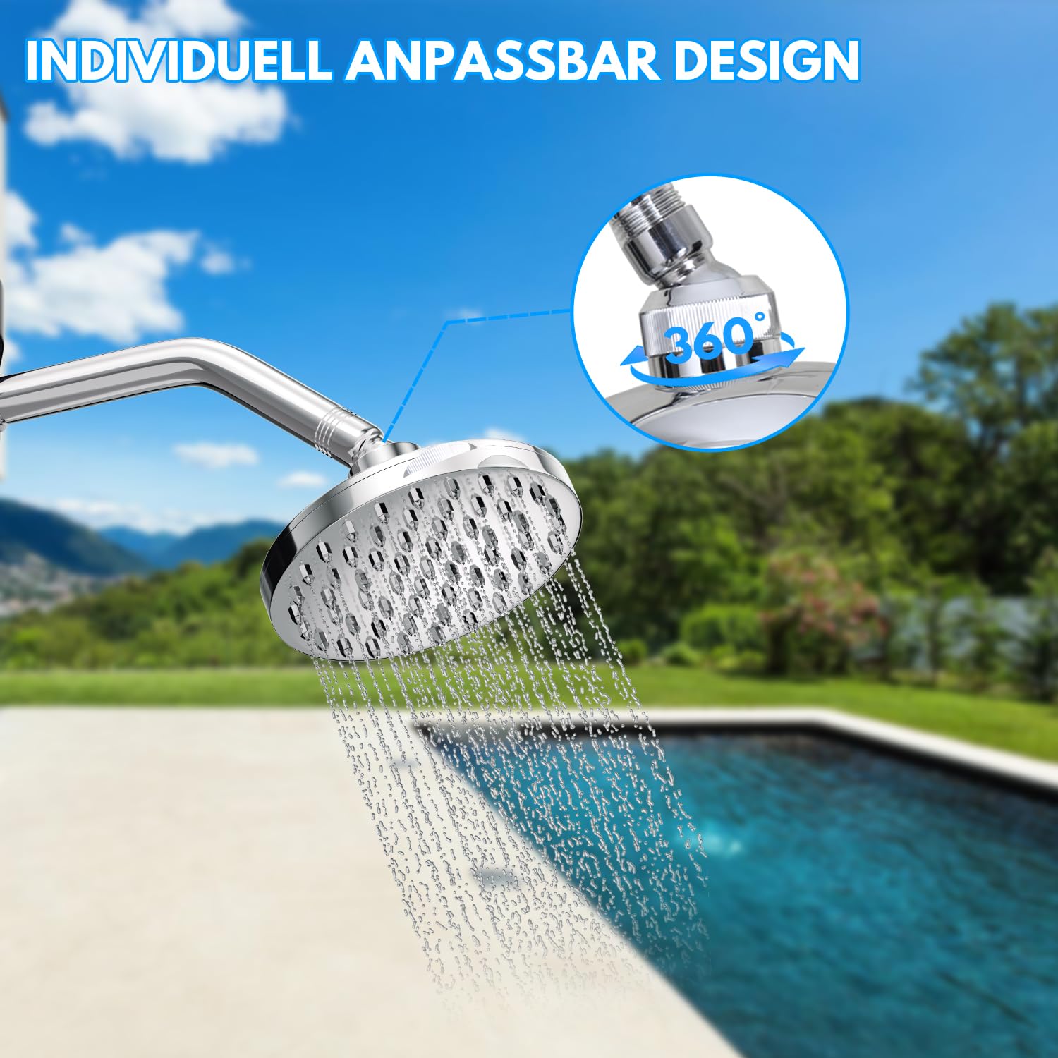 Eulenke Douche Solaire Piscine 60 litres INCL Capot de Protection et Douchette à Main, Maximum 60°C, Douche Camping avec Douche de Pied et pommeau de Douche Rond, Douche Exterieur Argent et Noir