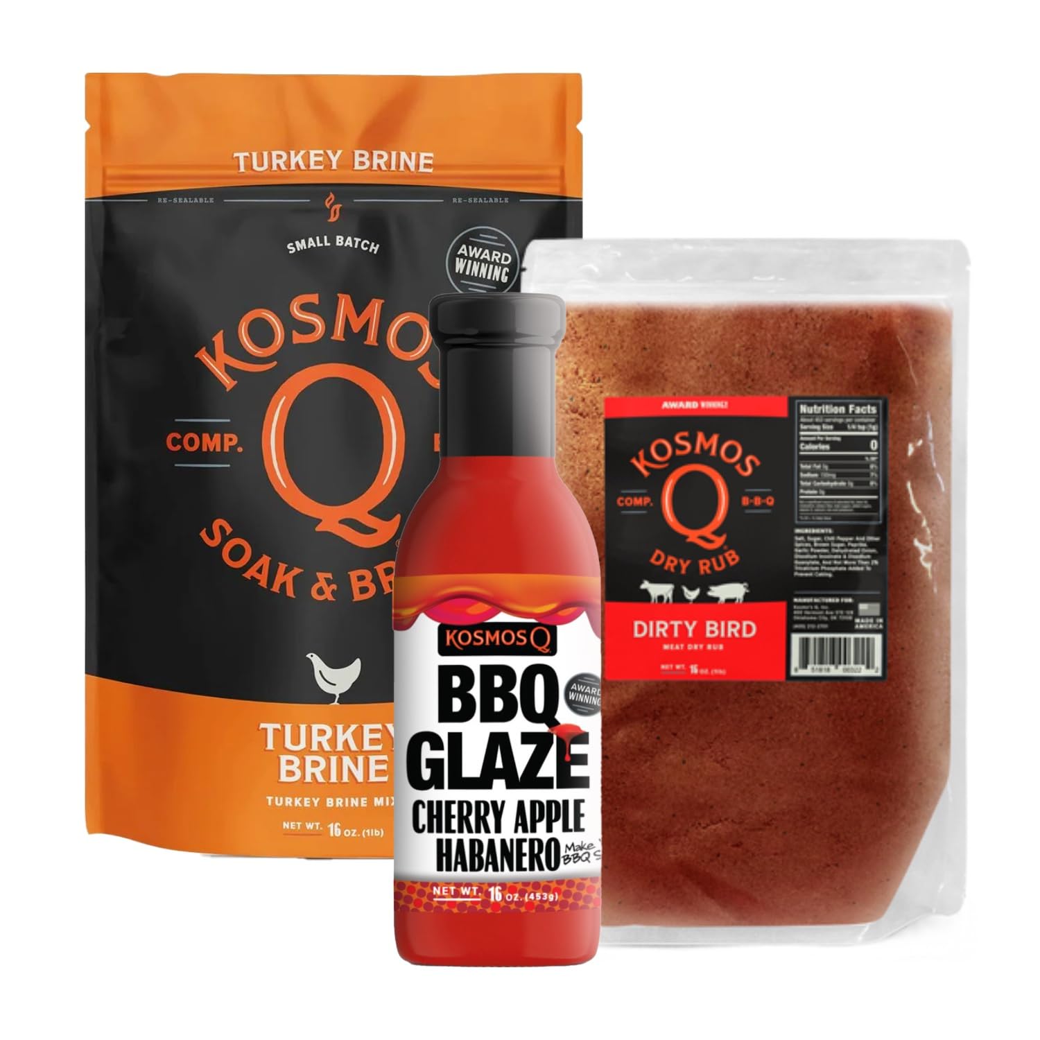 Kosmos Q Complete Turkey Brine Kit - Full Seasoning Kit with Turkey Brine, Dirty Bird Spice Shaker & Cherry Apple Habanero BBQ Glaze - Brine, Rubs, and Glaze for a Tender, Juicy Turkey