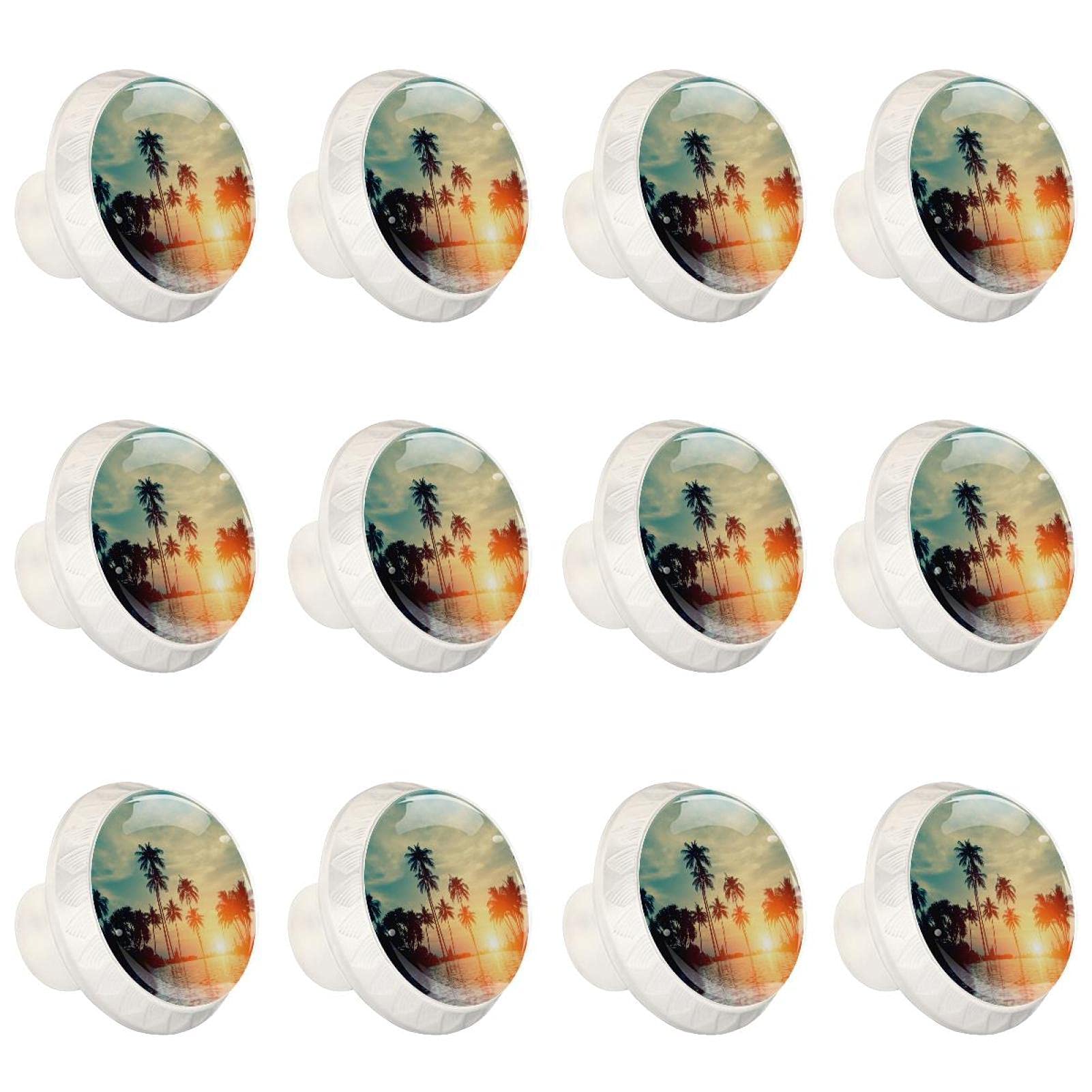 Boutons d'armoires de cuisine ronds motif Palm Sunset - Lot de 12