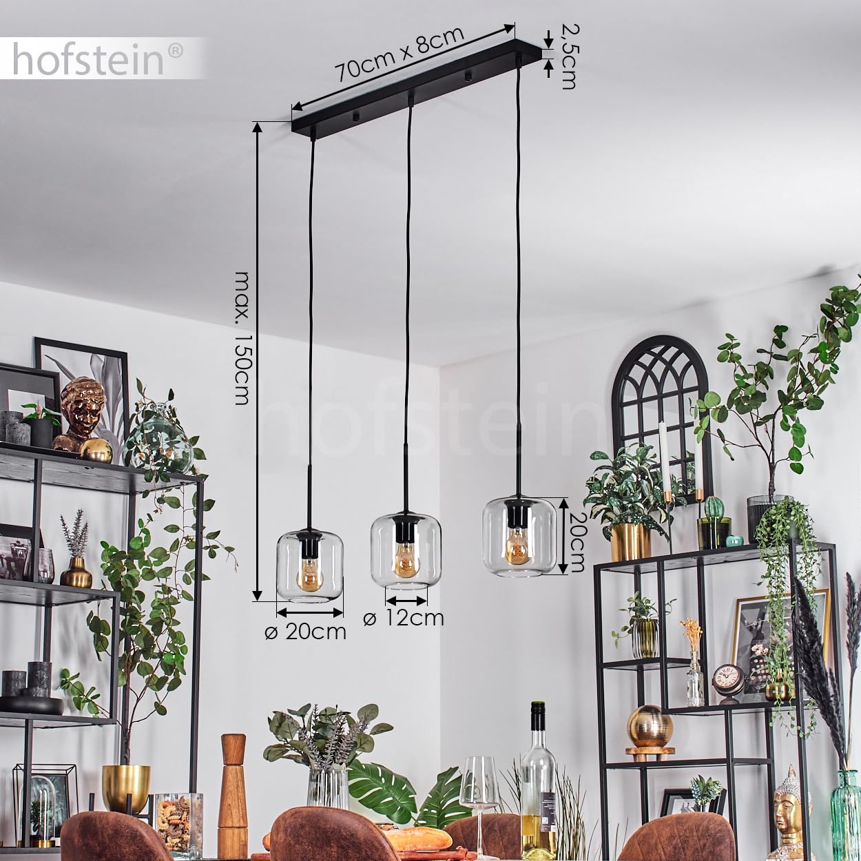 HOFSTEIN Lampadario a sospensione Lauden, 3 luci, in metallo/vetro, nero/trasparente, moderna lampada a sospensione in design retrò/vintage, diametro paralumi 20 cm, E27, sala da pranzo, cucina