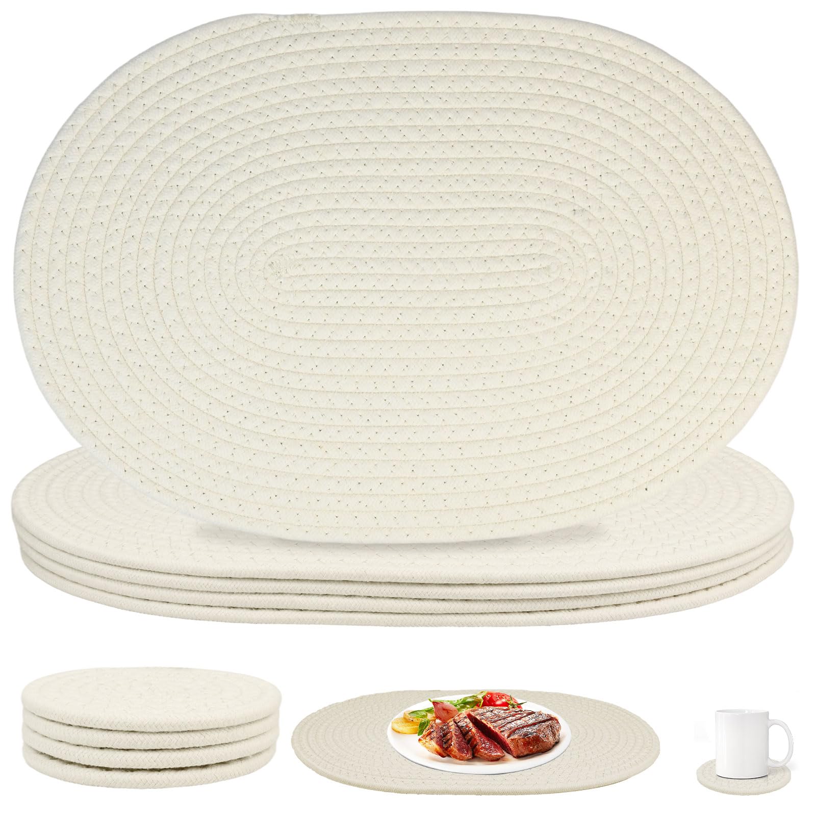 Woven Table Mats Set of 4, 4 Placemats with 4 Coasters, Heat Resistant Place Mats, Braided Dinner Table Mats for Kitchen Dining Room & Outdoor Garden, Cream White