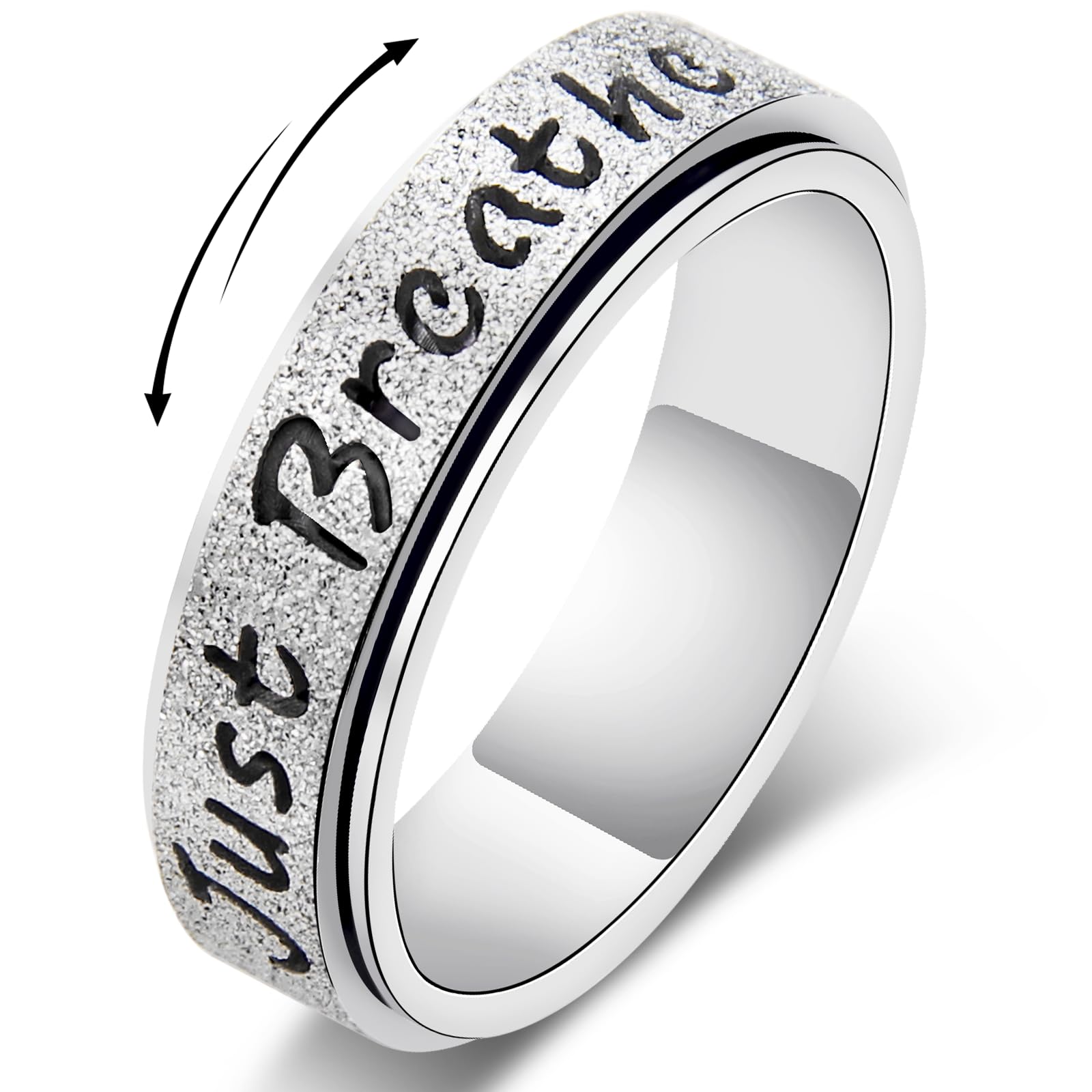 LuckyAmor Fidget Spinner Ring for Women - Just Breathe Inspirational Hope Rings Stainless Steel Anxiety Womens Ring for