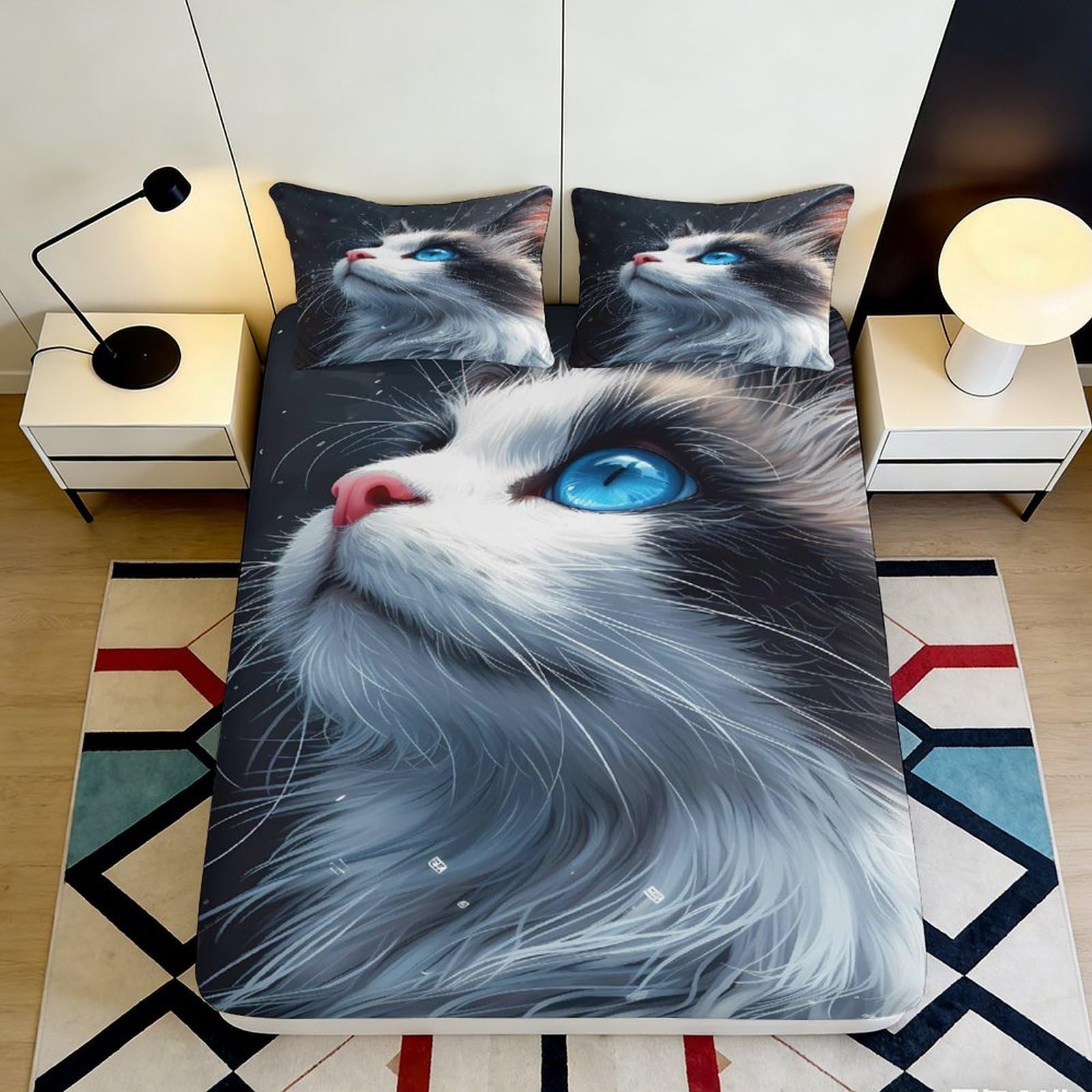 3D Printed Blue Eyed Cat Fitted Sheet Microfiber Soft Bedroom Decoration Animal Bed Cover for Mattress Protection 90x200x25cm