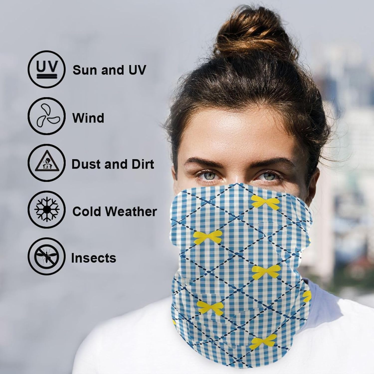 Yellow and Blue Bow Check Hot/Cold Weather Wind proof hood womens neck gaiter Moisture Wicking hair band Facemasks for Kayaking Hiking halloween mask máscara para el sol