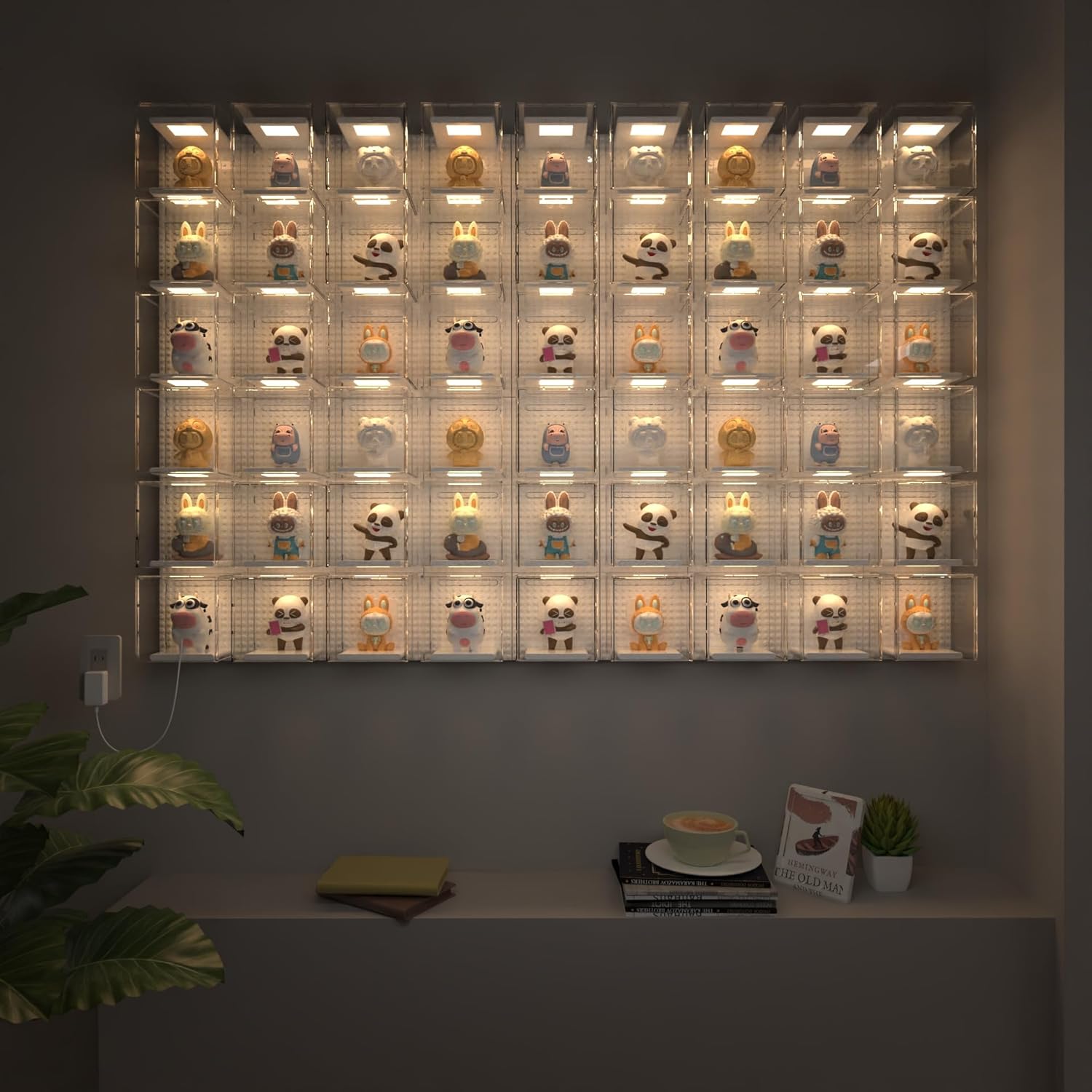 Compatible with Funko Pop Wall-Mounted Display Shelf, Set of 9 Acrylic Shelves, Customizable DIY layouts, with Individual dust Covers, 4 Adjustable Professional spotlights , Includes Remote Control.