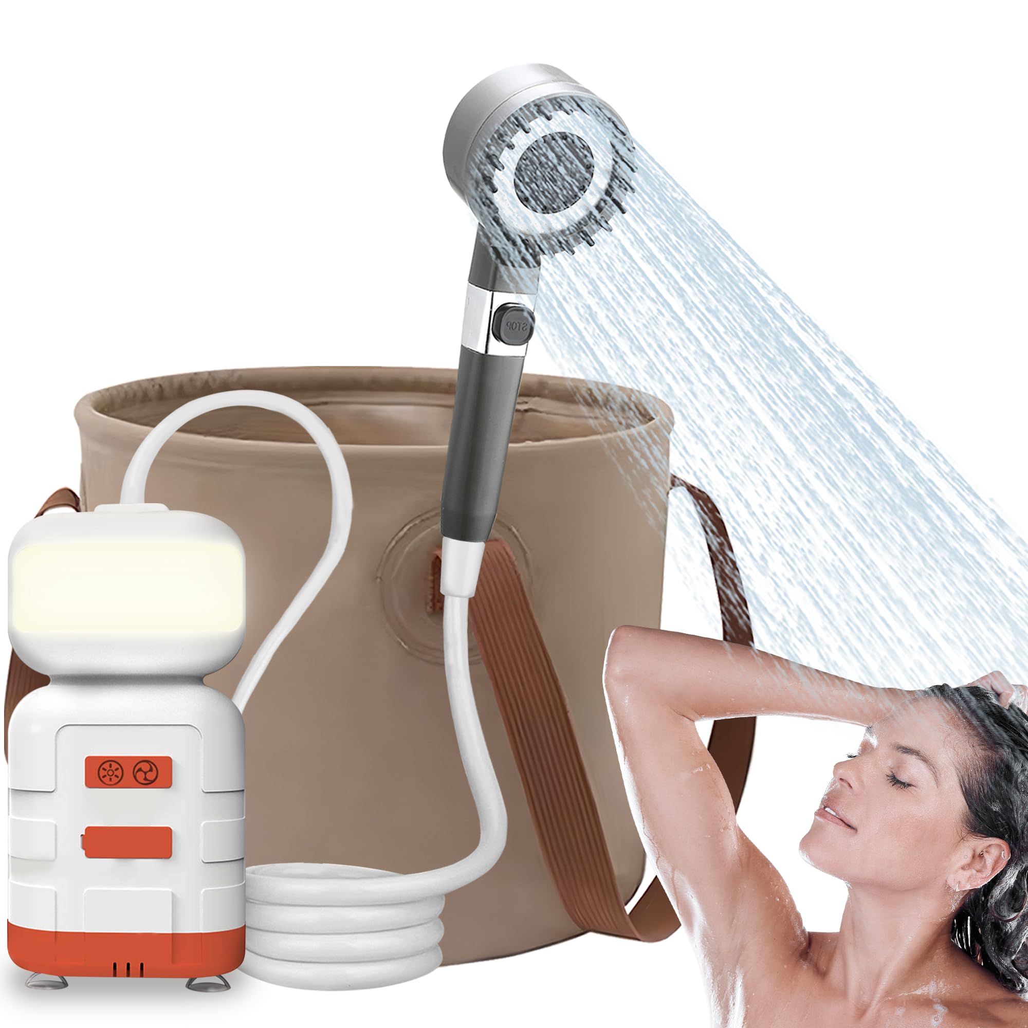 Portable Outdoor Shower Kit, USB Reachargeable 8000mAh with Build-in LED Light for Night Use, Foldable 20L Bucket, Adjustable Showerhead (Ideal for Camping, Beach, RV, Pet Bathing)