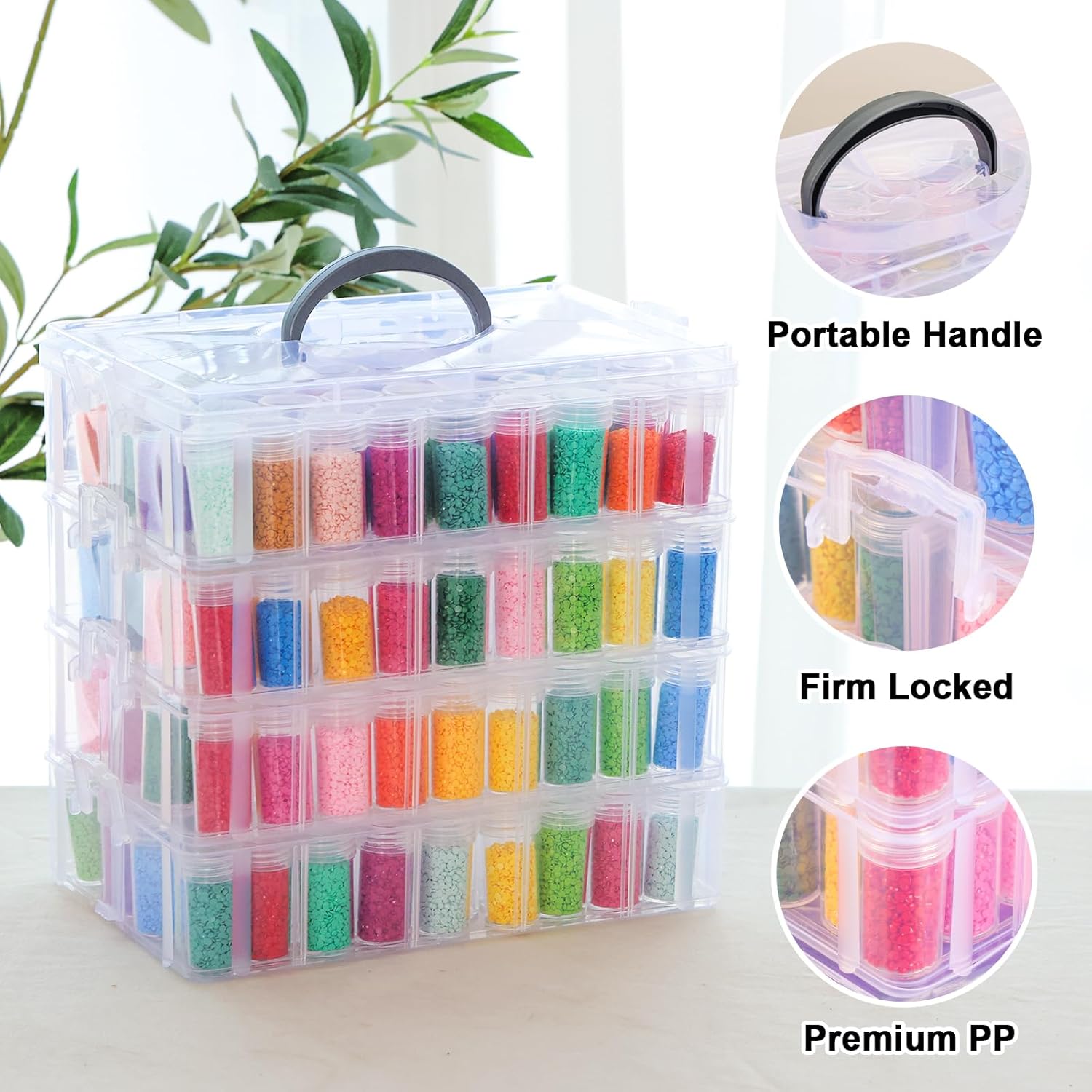 QUEFE 4-Tier Diamond Painting Storage Container, 200 Slots Portable Bead Organizer Box, Stackable Crafts Organizers for DIY Diamond Art Craft Jewelry Bead Storage