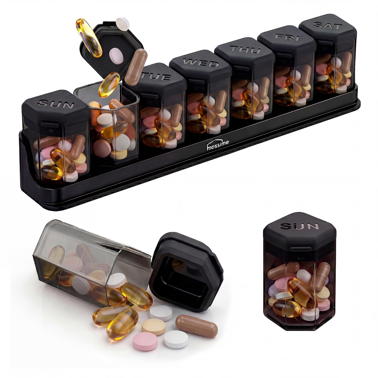 Large Weekly Pill Organizer 1 Time a Day BPA-Free Pill Dispenser 7 Day Pill Box with Silicone Lids