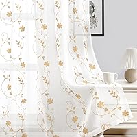 Vista 7 de HOMEIDEAS Cortinas traslúcidas amarillas de 84 pulgadas de largo, 2 paneles de cortinas bordadas con patrón floral amarillo y blanco, cortinas