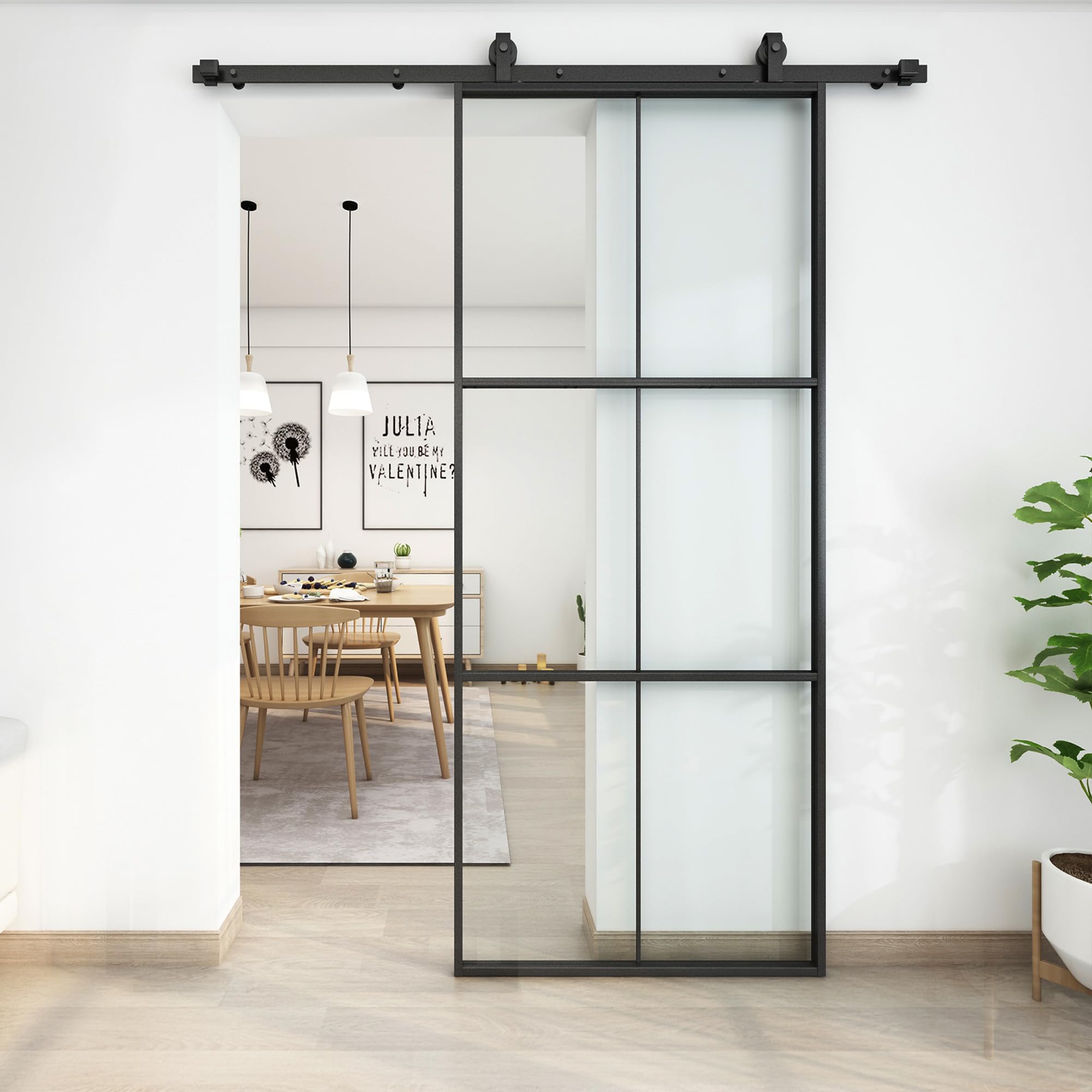 JUBEST 34in x 84in Glass Sliding Barn Door with 6ft Hardware kit, 3-Panel Black Aluminum Frame and Clear Tempered Glass Modern French Door, Easy to