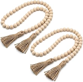 RAINFLOW Wood Bead Garland with Tassels - 2PCS Farmhouse Rustic Country Decorative Beads Home Decor, Natural Color, 50inch 14mm 84 Round,Boho,Farmhouse Beads Wall Hanging Decor