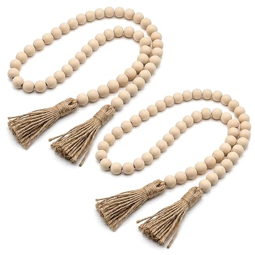RAINFLOW Wood Bead Garland with Tassels - 2PCS Farmhouse Rustic