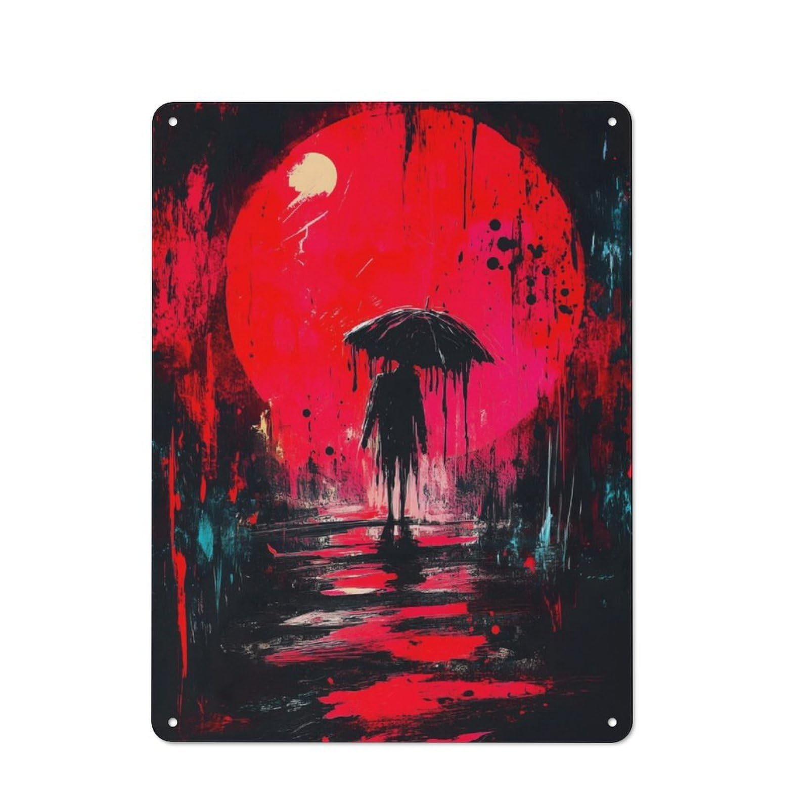 Junmoney Silhouette Under Red Moon Garden Style Tin Sign 40X30cm Featuring Shed Wall Decor For Patio Bar, Workshop, Shed Or Kitchen