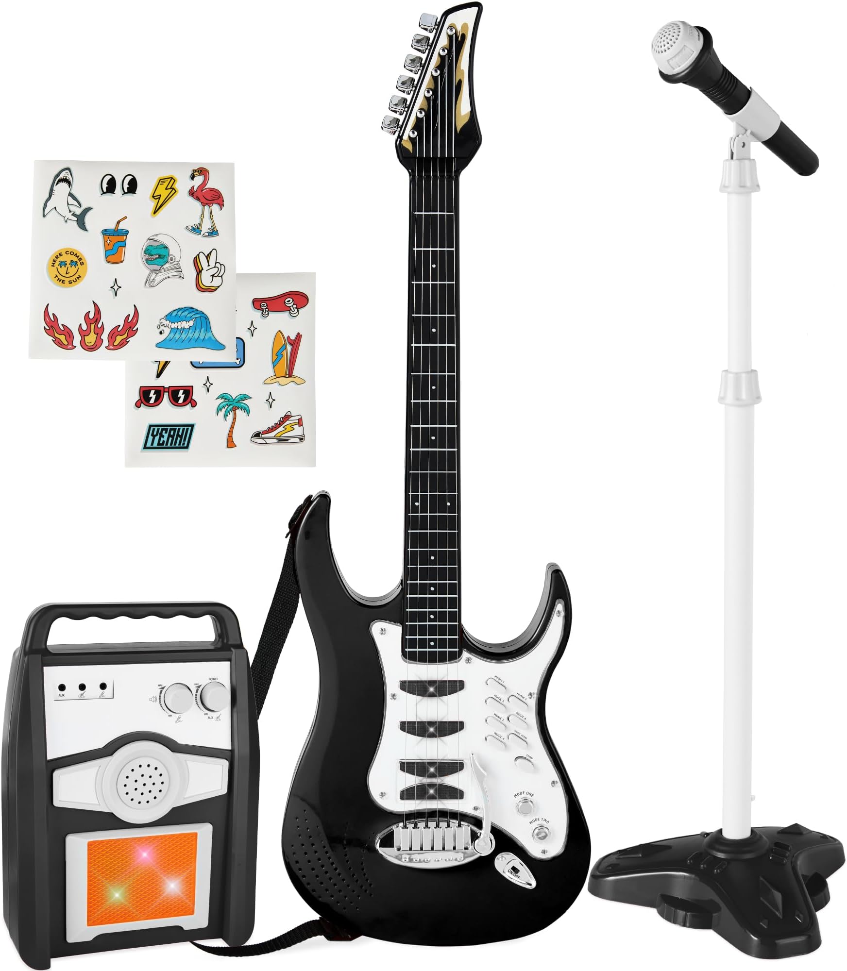 Toy Kids Guitar Play Set Bundle, Pretend Play Toddler Electric Guitar Kit with Interactive Microphone, Amp, Whammy Bar, 6 Demo Songs and 2 Sticker Sheets - Black