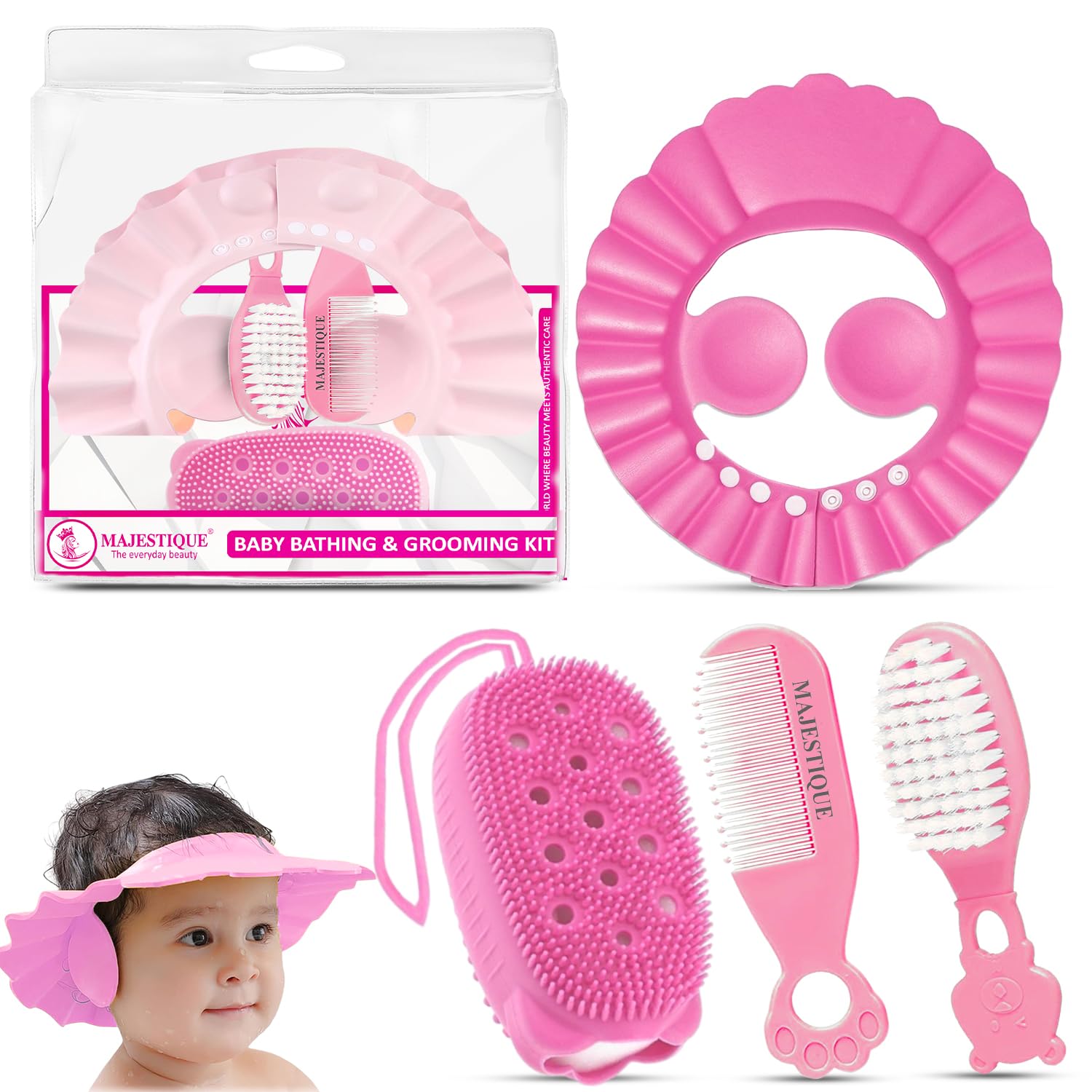 Majestique Baby Grooming & Bath Kit – 4-Piece Set for Newborn to 5 Years | Soft Hair Brush, Comb, Bathing Cap & Sponge | Gentle Baby Bath Essentials for Boys & Girls | Includes Travel Pouch (Color May Vary)-picture-28