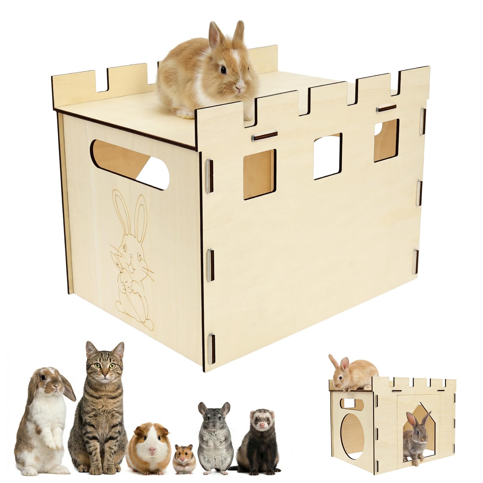 Wooden Rabbit House and Hideout,Large Bunny Castle Detachable Play house for Indoor Small Animals, Animal Shelter for Rabbits, Guinea Pigs, Chinchillas & Hamsters,Easy Assembly,40x30x30cm