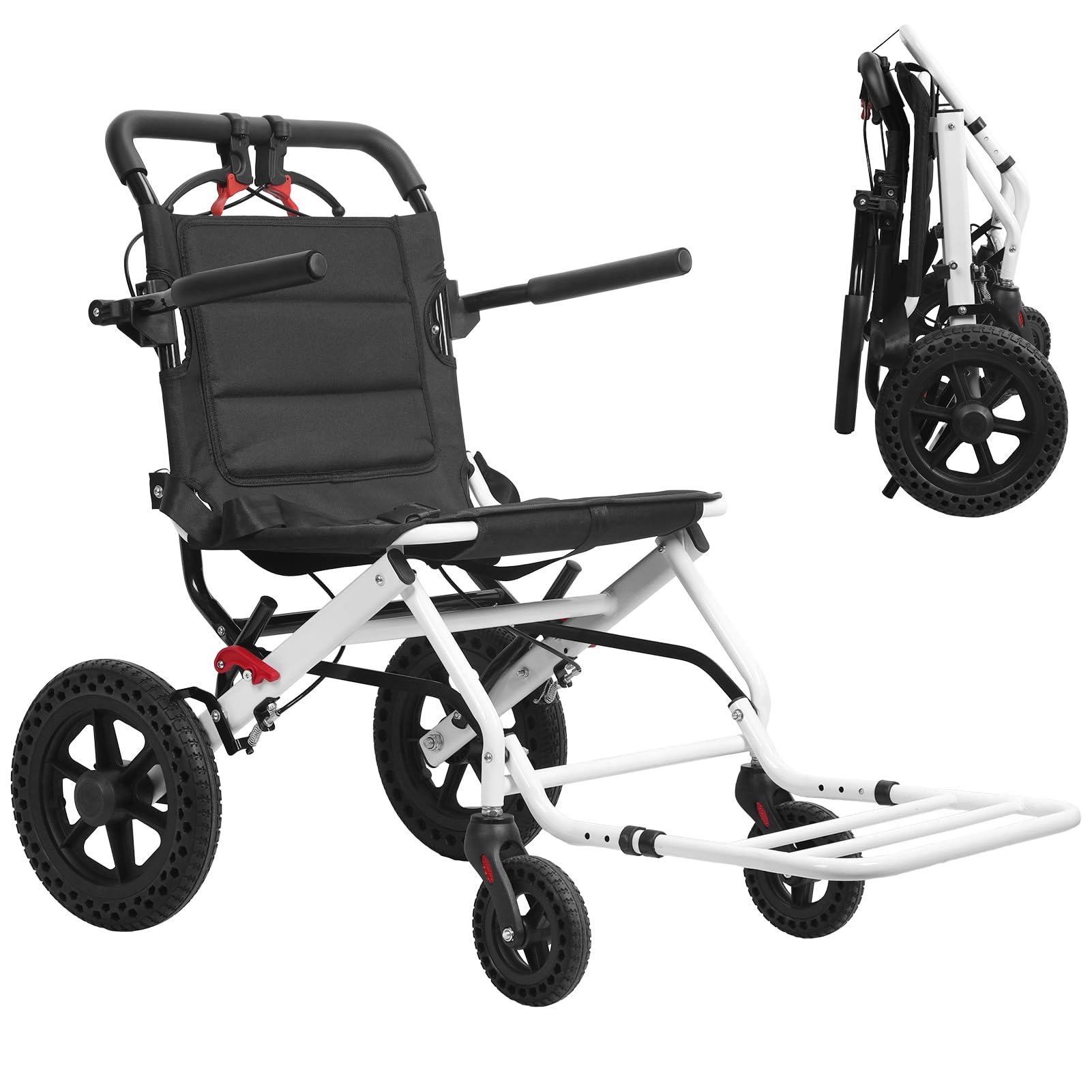 SXSLTSA Portable Wheelchair for Adults, Foldable Transport Chair for Seniors 100KG Support Carbon Steel Travel Wheelchair with 12inch Large All Wheels for Elderly White L