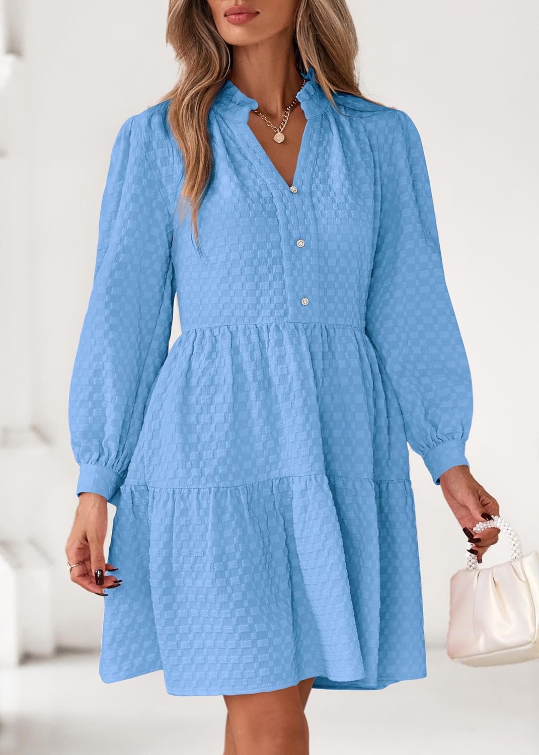 Lazysmile Dresses for Women Long Sleeve V Neck Button Down Ruffled Flowy Fall Casual Babydoll Tunic Dress - Image 5