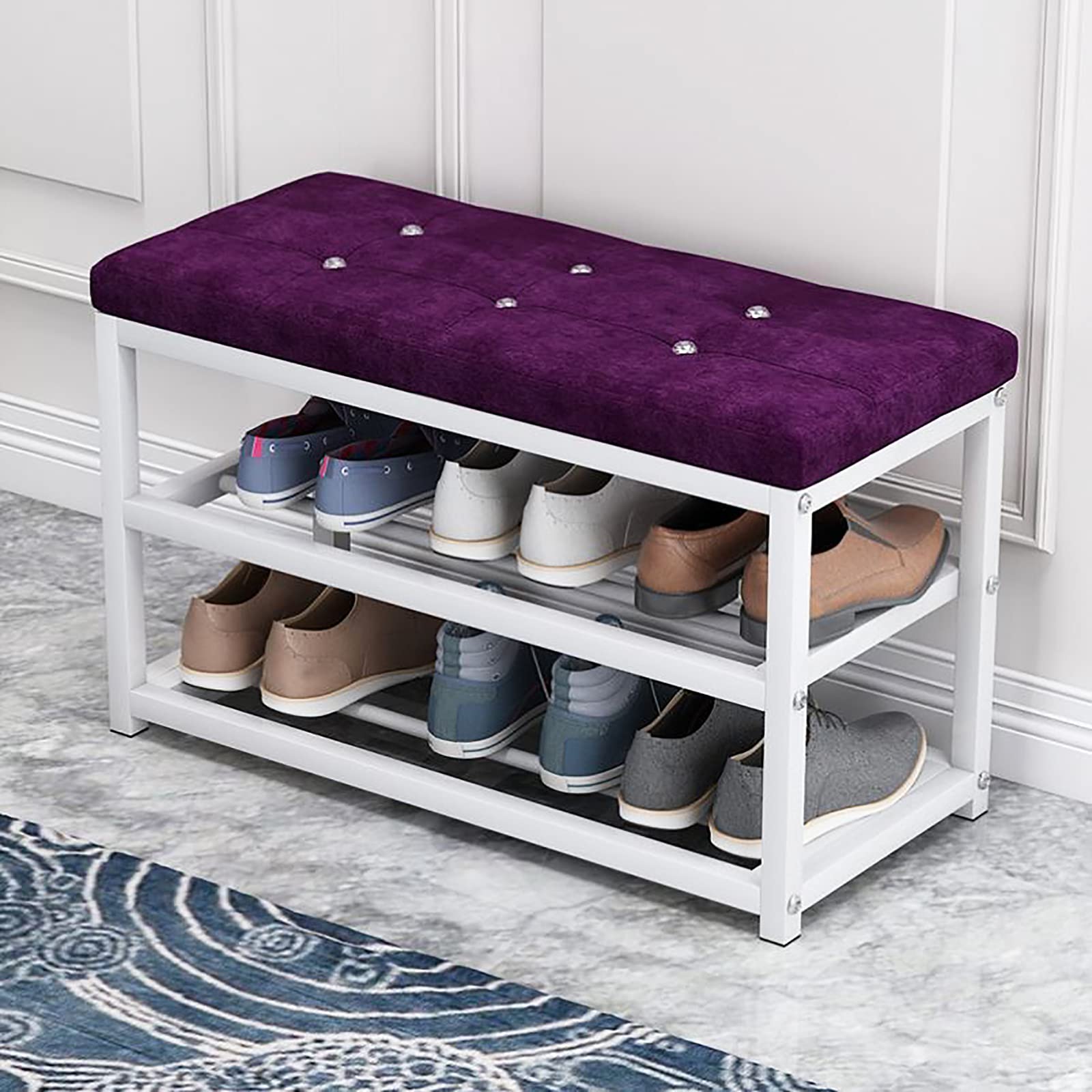 Banc à chaussures en velours 70x45x30 cm avec assise rembourrée et étagère métal