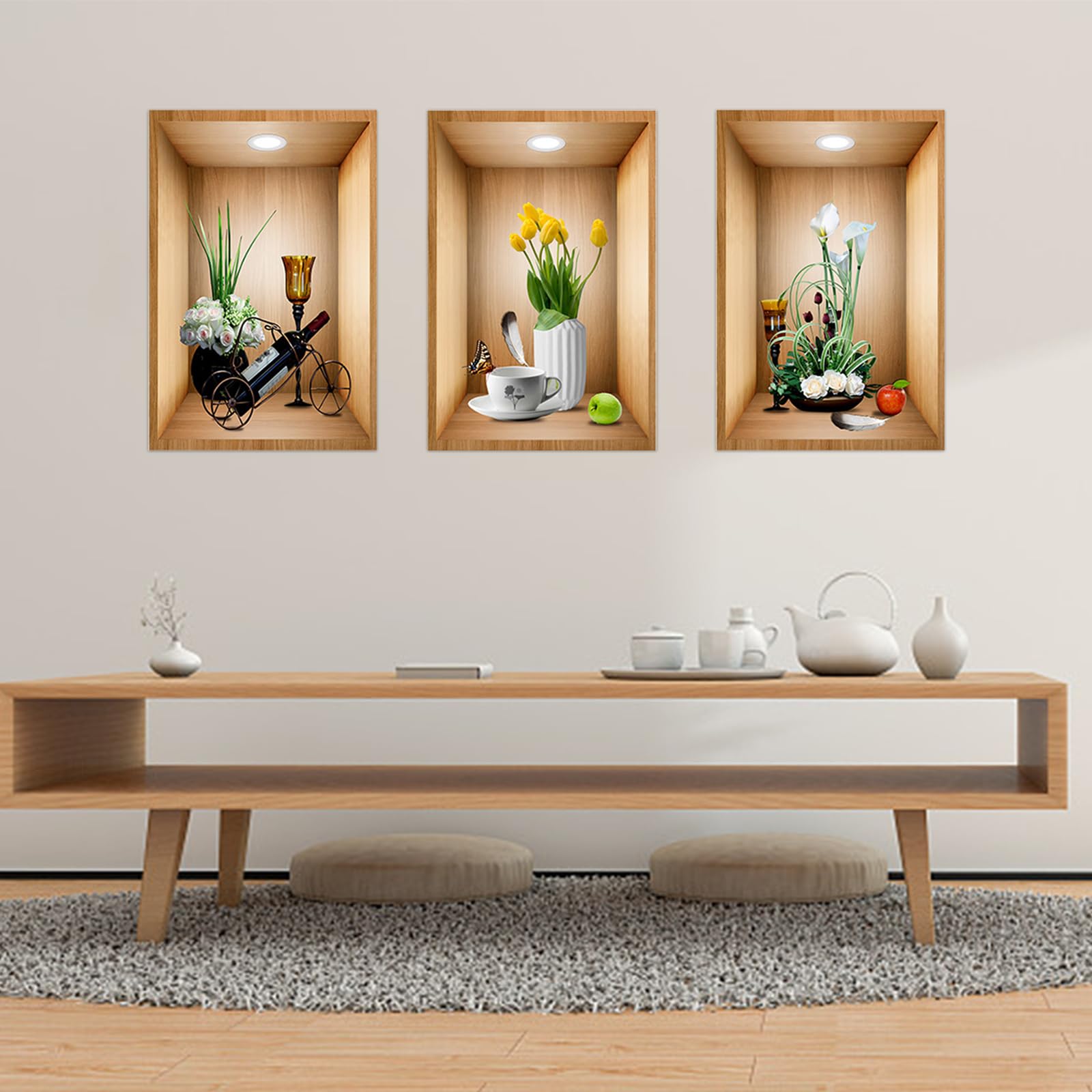 3D Wandaufkleber Set - 3x Grüne Pflanzen & Blumen 30x45cm Selbstklebend