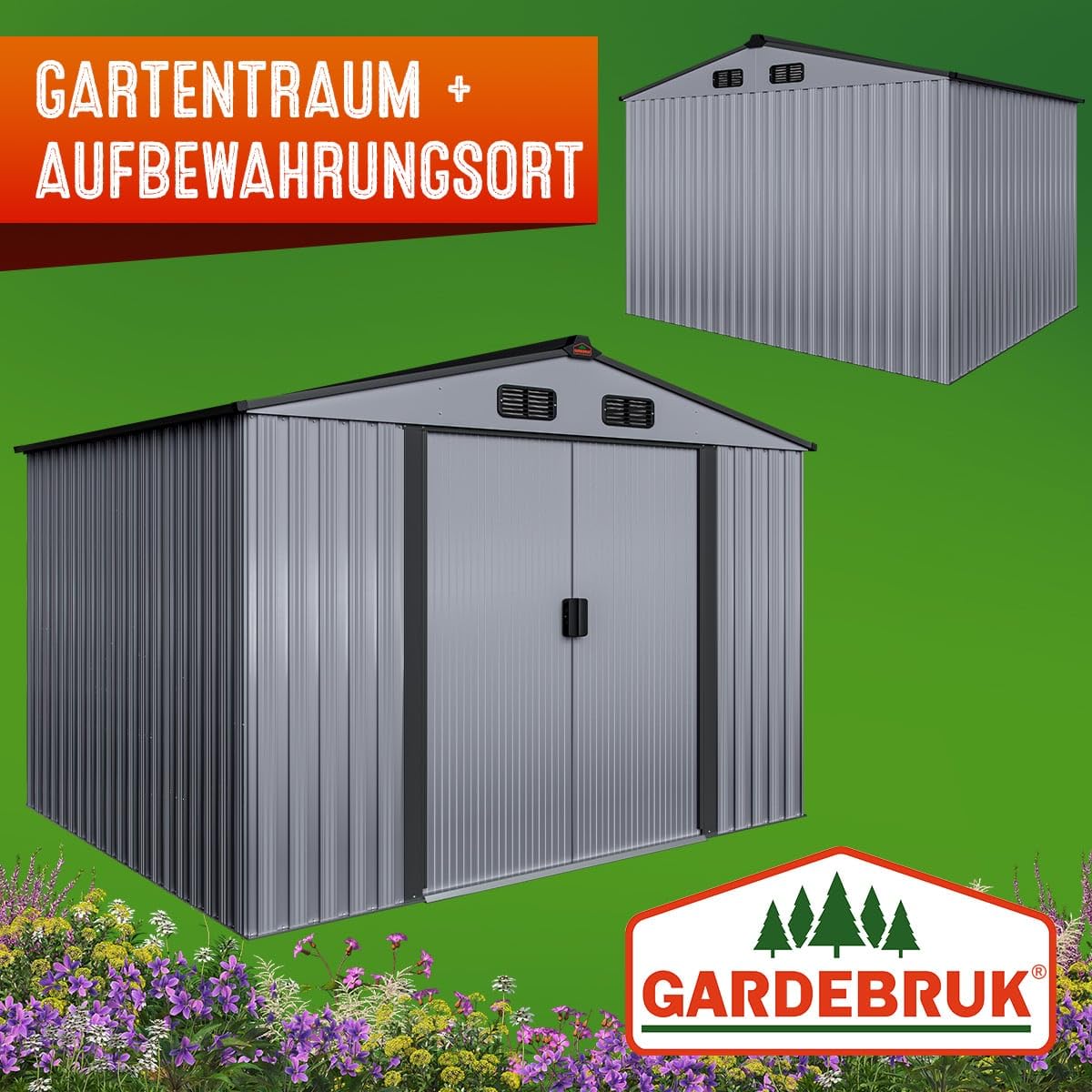 GARDEBRUK® Cobertizo de Jardín XXL Caseta Exterior 5m² con Base 260x205x180cm 9m³ Puerta Corrediza Gris Metálico