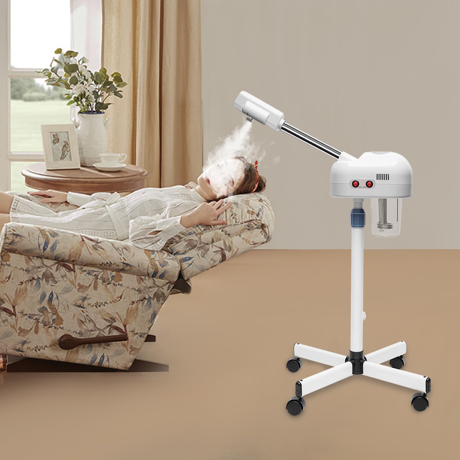 2 in 1 Gesichtsdampfer, 800W Gesichtssauna Ozon Bedampfer mit Rollen, 360° Porenreiniger Dampf Spa Maschine für Zuhause Salon Spa, Weiß
