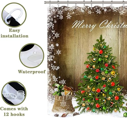 Miniatura 90 de Juego de 4 cortinas de ducha con alfombra antideslizante, cubierta para tapa de inodoro y tapete de baño, cortina de ducha de Papá Noel con 12 Papá