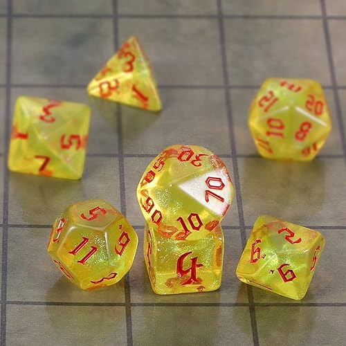 Miniatura 4 de CiaraQ DND - Juego de dados poliédricos con bolsa de dados para mazmorras y dragones, juegos de rol MTG (amarillo + purpurina + fuente roja, 7)