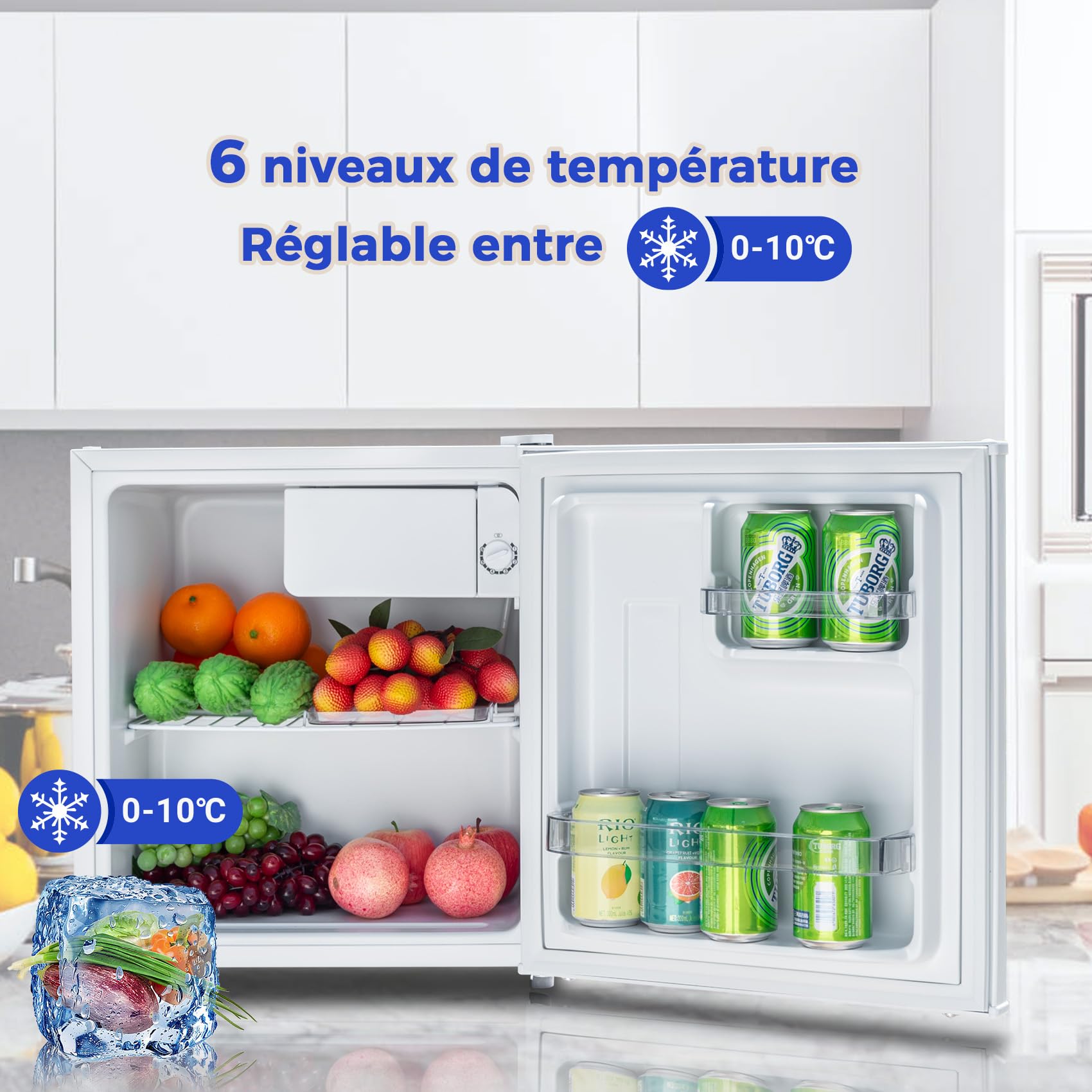 Mini Frigo, 46L, Silencieux, 0-10℃, avec Porte Réversible, Petit Frigo de Chambre, Mini Réfrigérateur pour Bureau Cuisine Hôtel Résidence, Blanc