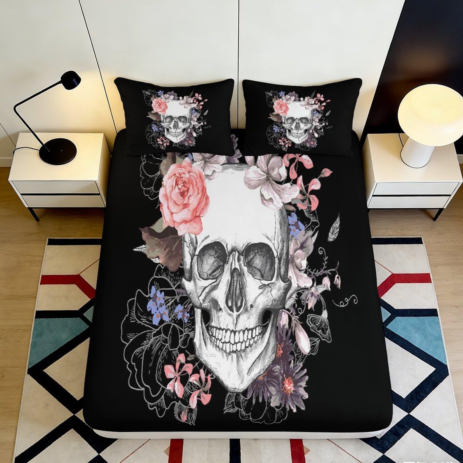 3D Printed Skull Floral Fitted Sheet Microfiber Non-Slip Deep Pocket Skull Mattress Fitted Cover Washable 90x200x25cm