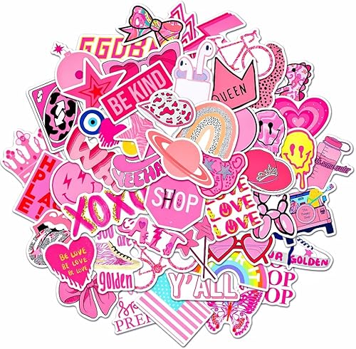 Miniatura 2 de Paquete de calcomanías de color rosa preppy, paquete estético de vinilo impermeable, lindas calcomanías rosadas, suministros de recuerdo de fiesta,