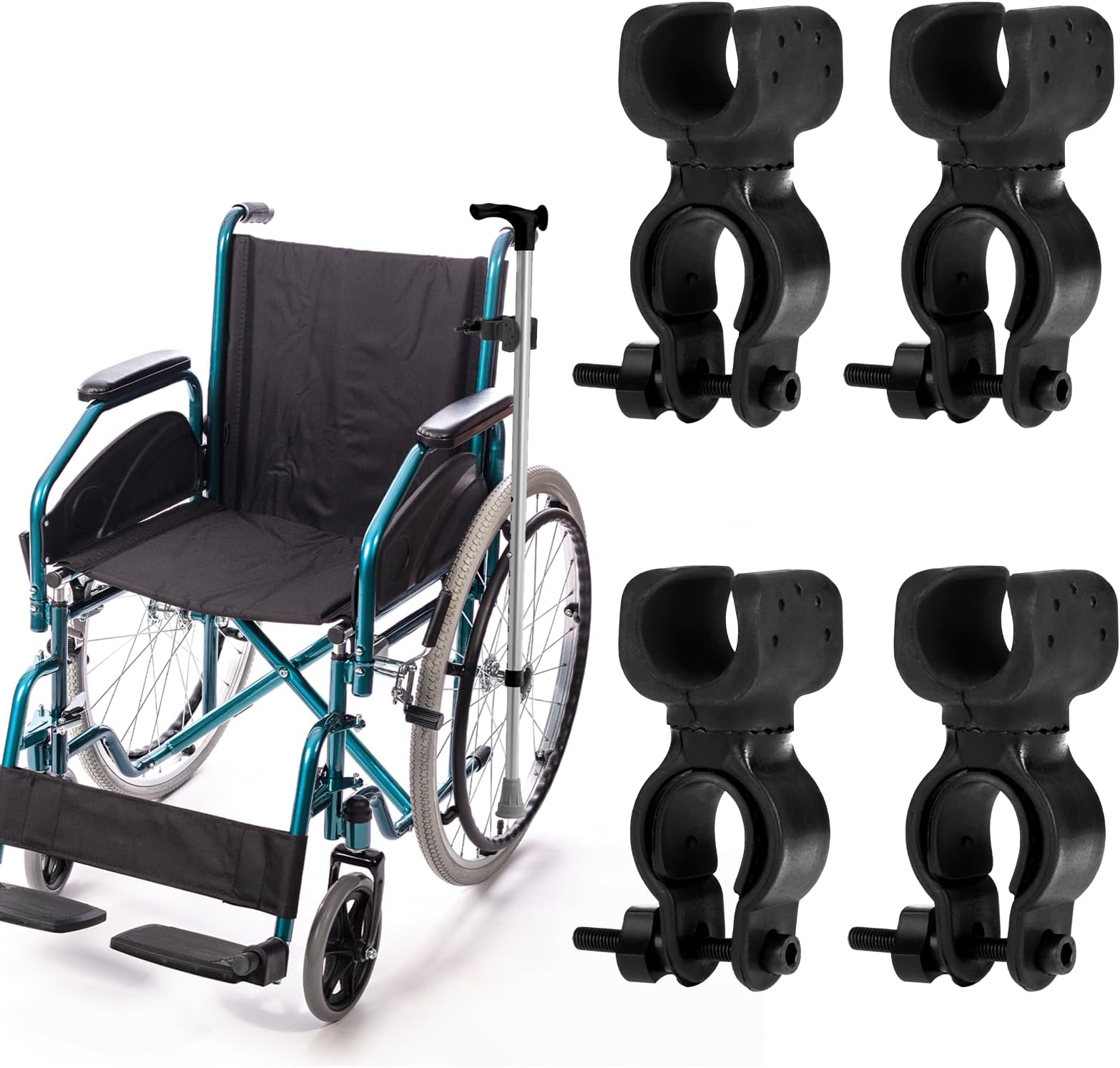 4Pcs Cane Holder for Walker, Walking Stick Holders Cane Universal Accessories Strong Crutches Stick Bracket for Senior for Drive Rollator Wheelchair Mobility Scooter