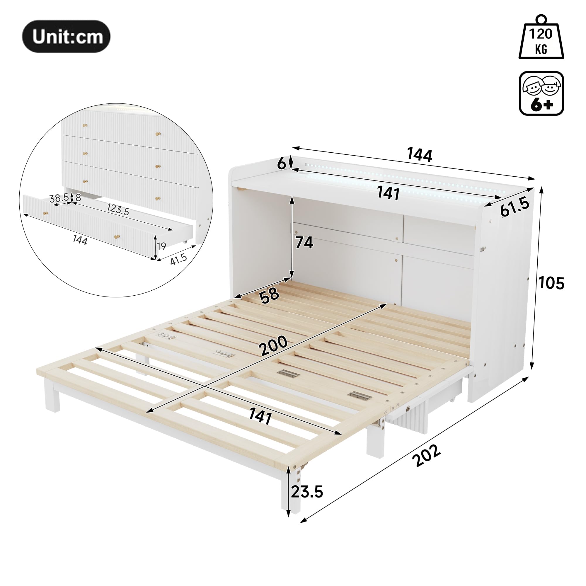 Armario cama, 140 x 200 cm, debajo de la cama se encuentran cajones, con USB y enchufe, barra de luz LED, con placa brillante, cama con plataforma transformable, sin colchón, blanco (140 x 200 cm