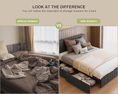 Miniatura 15 de Gizoon Base de cama tamaño Queen tapizada con 4 cajones de almacenamiento, cabecero ajustable, sin ruido, soporte de listones de madera, se adapta a