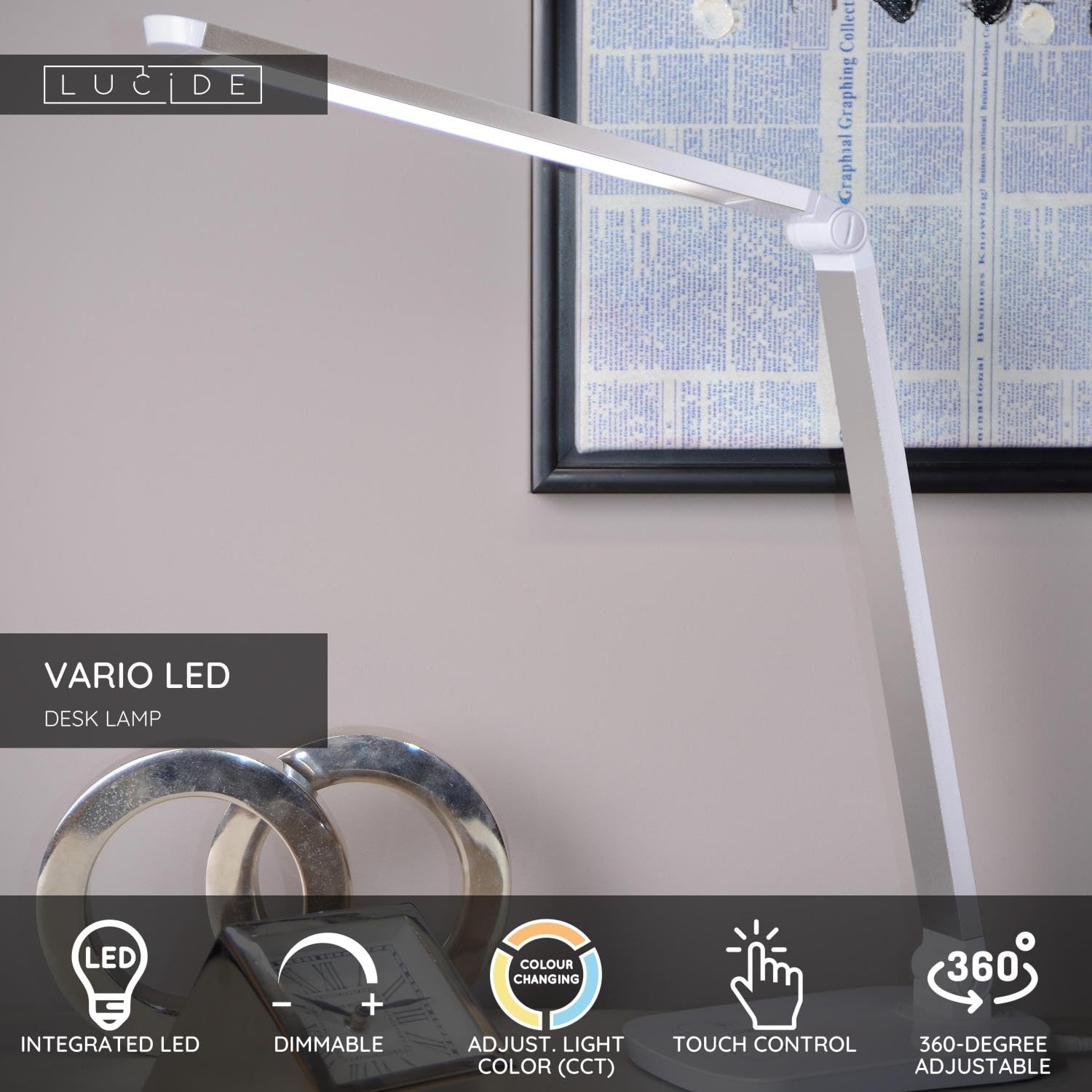 Lucide Vario LED – lampada da tavolo – LED dim. – 1 X 8 W 2700 K – Nero, Metallo, bianco, Integriert 8 wattsW 230 voltsV