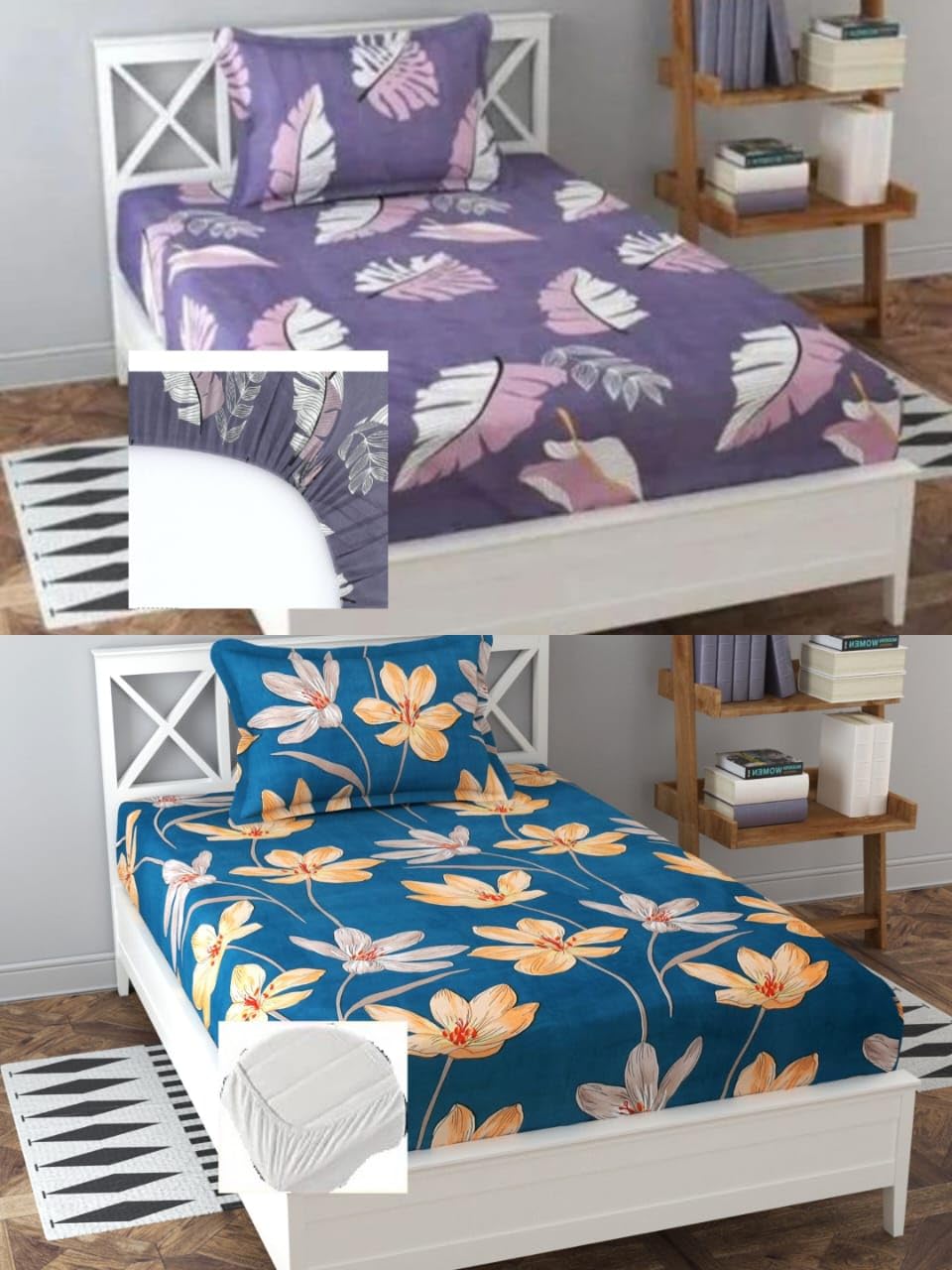 Premium Cotton-Blend Elastic Fitted 2 Single Bedsheet with 2 Pillow Covers for Single Bed with All Around Elastic 215 TC Supersoft | Size - 72X36X6 Fit Upto 6 Inches Mattress Combo Pack-image-15